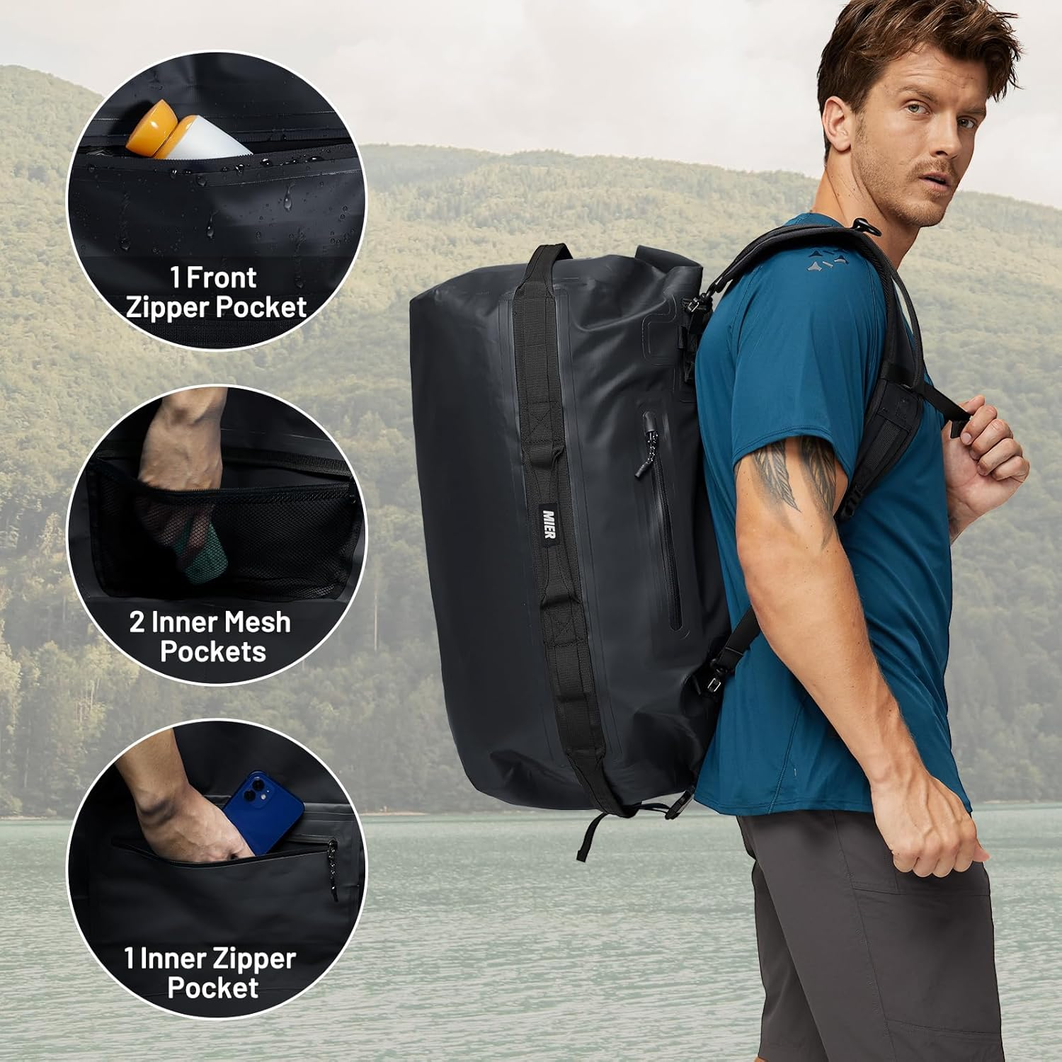 Large Waterproof Duffle Bag Rolltop Dry Bag Travel Duffle Backpack for Kayaking, Rafting, Boating, Swimming, Camping, Travel, Motorcycle, Beach, 80L, Black image number 5