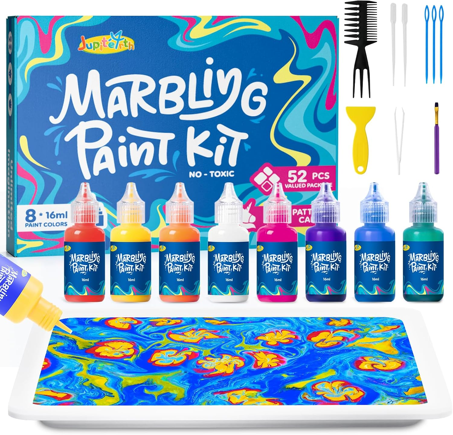 60Pcs Water Marbling Paint Kit, Arts and Crafts for Girls & Boys, Art Supplies for Kids Ages 3-5 4-8 8-12, Marbling Paint for DIY Crafts, Christmas and Birthday Gifts