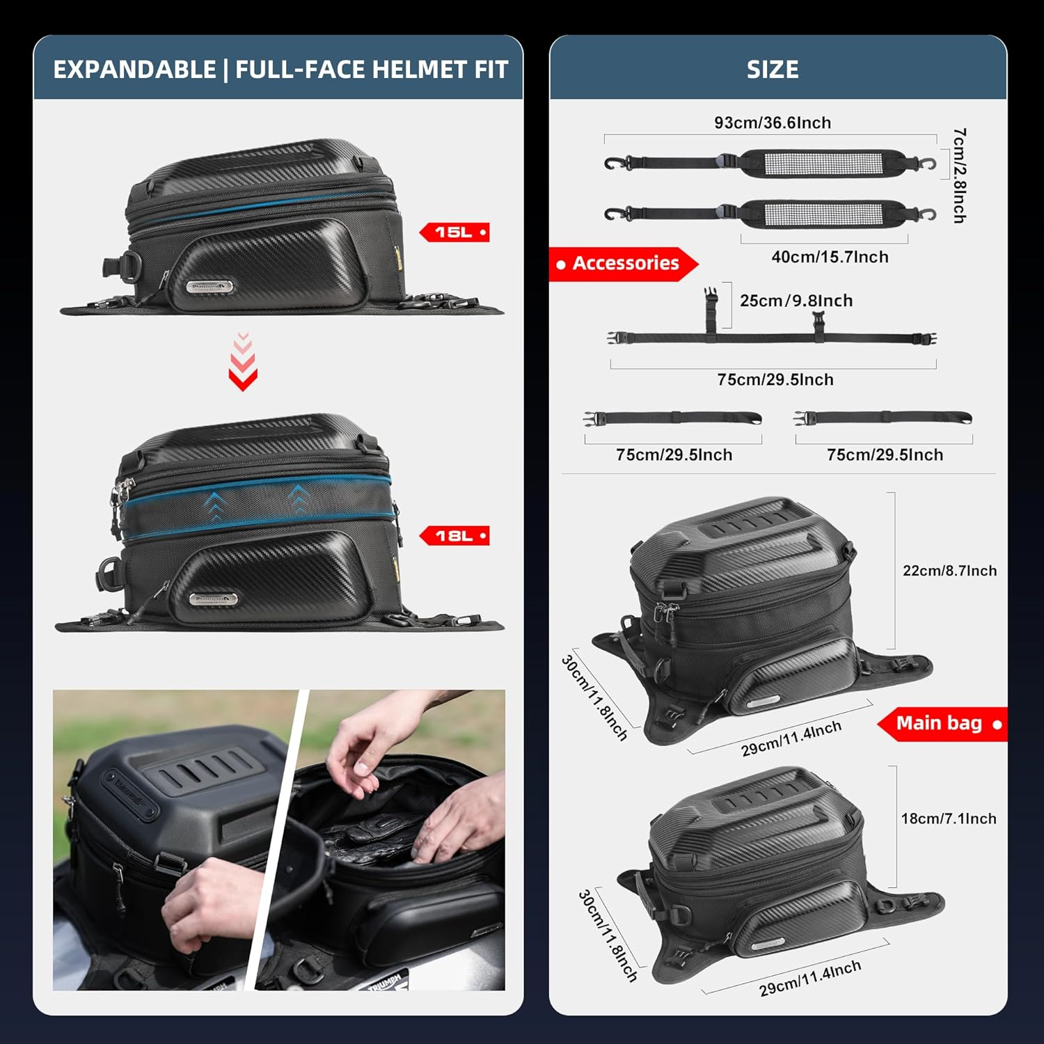 Rhinowalk Motorcycle Bag Hard Shell Waterproof Expandable 15-18L Matte Black image number 2