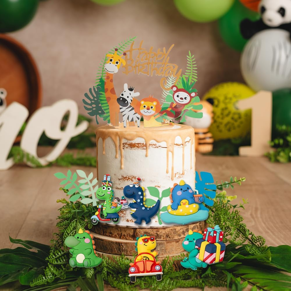 Sxutop 14 PCS Birthday Cake Cute Toppers Tropical Palm Leaves Cake Toppers Dinosaur Decoration with Gifts in Hand Cake Toppers Dinosaurier Theme Cake Supplies for Theme Birthday Baby Shower Party image number 2