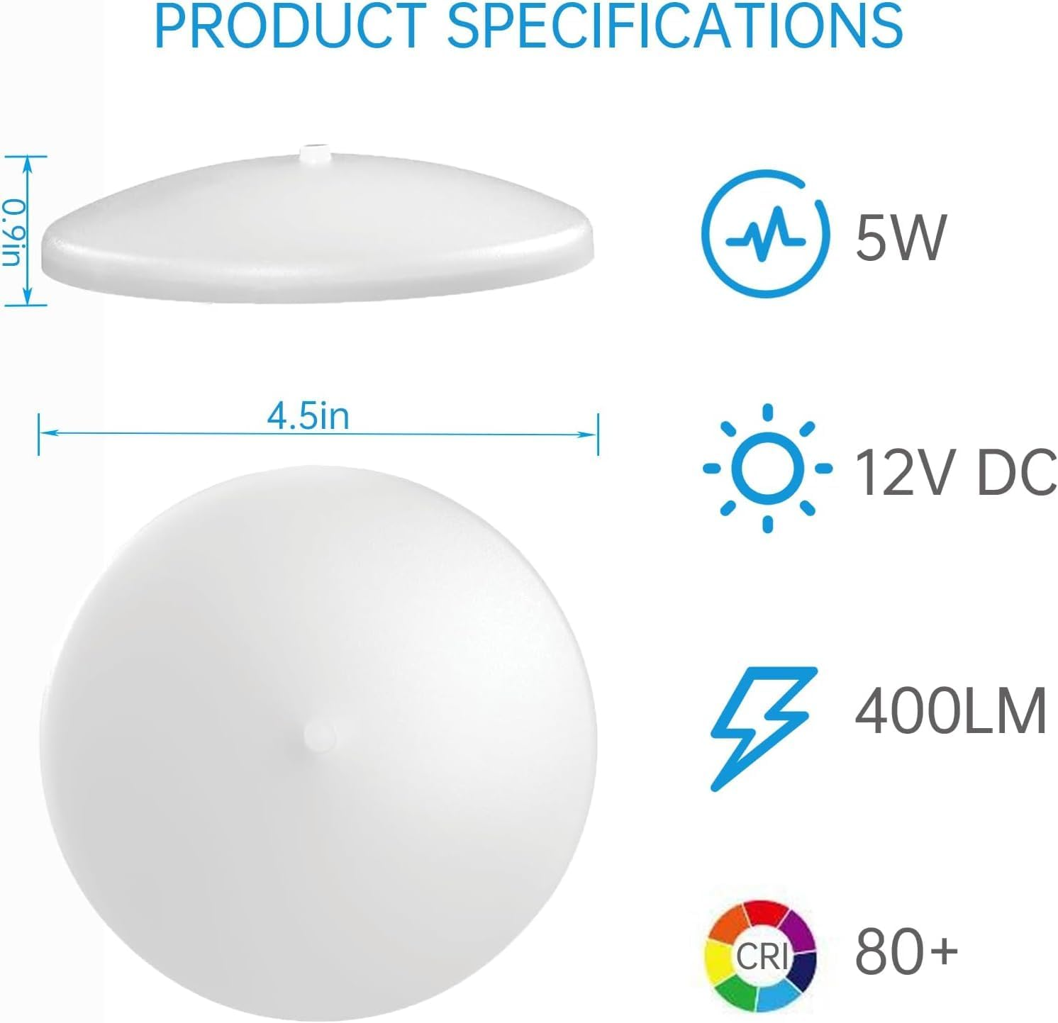5CCT LED RV Dome Ceiling Lights, On/Off Switch, DC 12V Surface Mount Interior Puck Light for Slim Motorhome, Trailer, Boat, Camper Lighting, 5W, 2700K/3000K/3500K/4000K/5000K, 4.5 Inch, 6 Pack image number 2