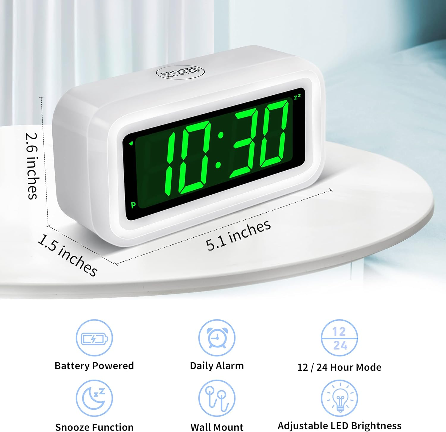 KWANWA LED Clock, Alarm Clock for Kids, 1.2Inch Green LED Digital Clock, Adjustable LED Brightness, 12Hr/24Hr, Cordless, Desk Clock, Bedroom Clock, Bathroom Clock, Table Clock, Ideal for Gifts - Black Case-Blue Led image number 5