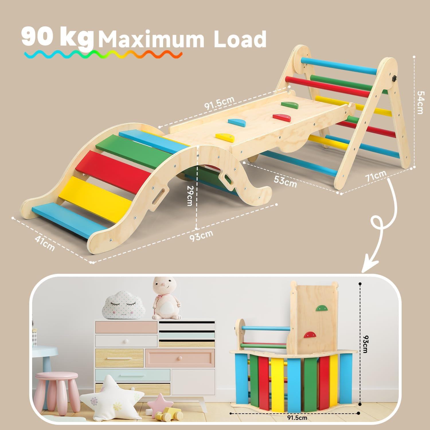 Omebel 8-In-1 Foldable Pikler Climbing Set | Baby Climbing Gym with Triangle, Ramp, Slide & 2 Toy Cars | Montessori Toys for Toddlers to Develop Motor Skills | Indoor Kids Climbing Frame (Natural) image number 6