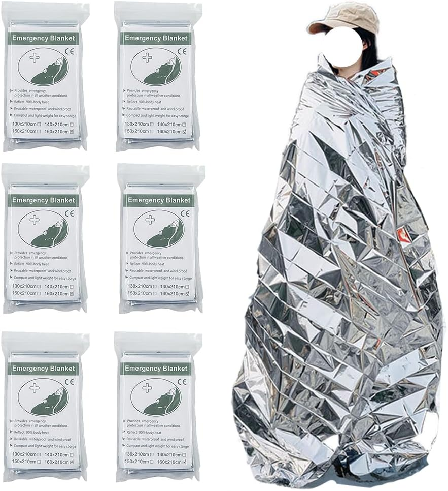 6 Pack Survival Blanket Outdoor Emergency Blanket Supplies, Emergency Blankets Mylar Thermal Blanket, Gigantic Space Blanket Survival Blankets Heavy Duty Camping Gear,Bug Out Bag (Silver)