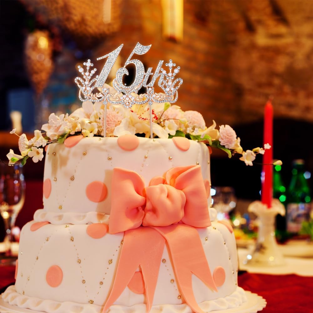 Lovelyshop Luxurious Diamond Gold Cake Topper for 15Th Birthday Celebrations and Quincea&ntilde;era-Large image number 6