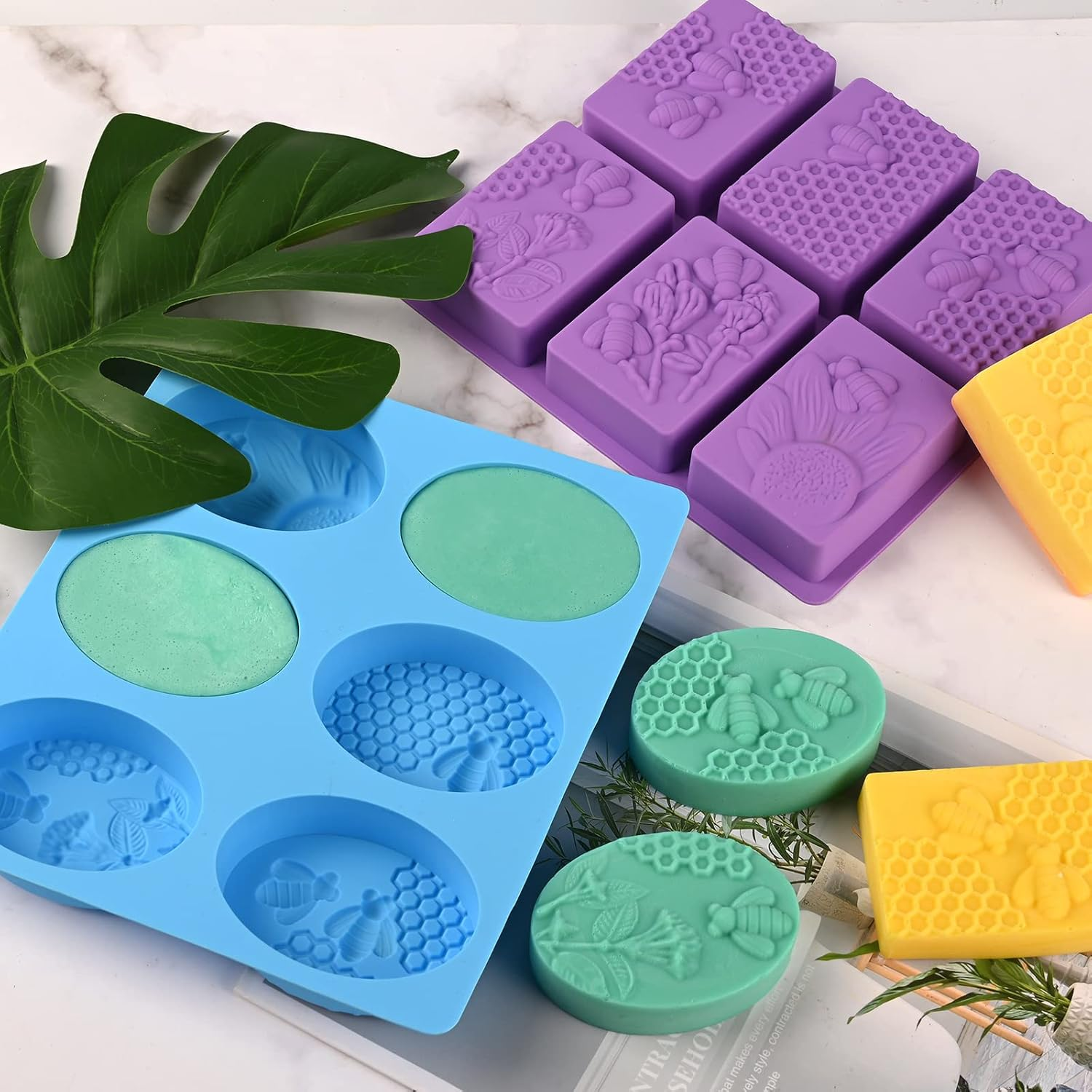 Sakolla 2 Pack 6 Cavity Bee Silicone Soap Molds Rectangle Oval Honeycomb Silicone Molds Loaf Handmade Molds for Soap Making Supplies DIY Wax Melts, Beeswax, Cake Chocolate Bakeware image number 3