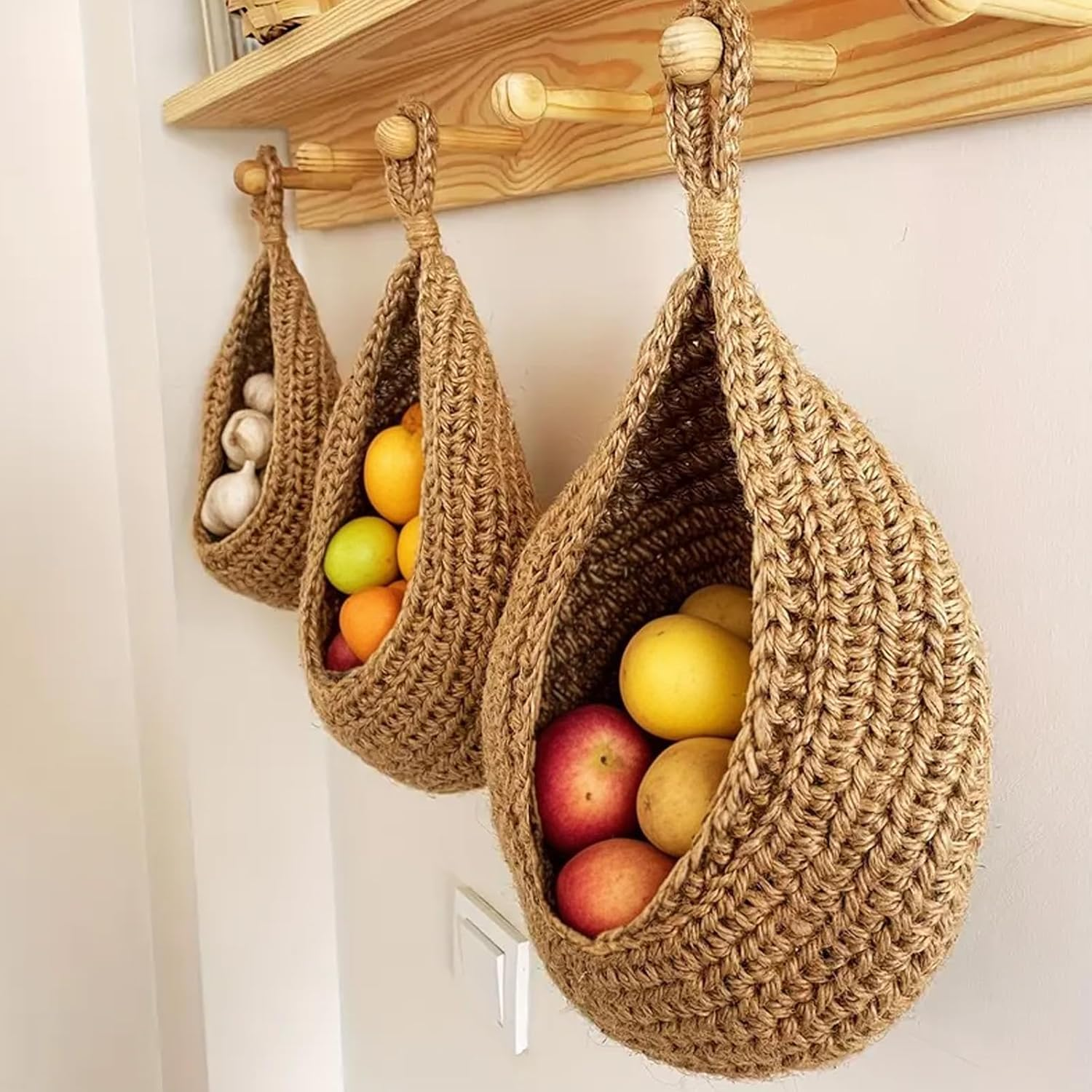 Hanging Wall Vegetable Fruit Baskets for Fruits, Hanging Baskets for Vegetables, Onions, Potatoes, Farmhouse, Home, Restaurant Decor, 3 Size, Linen image number 1