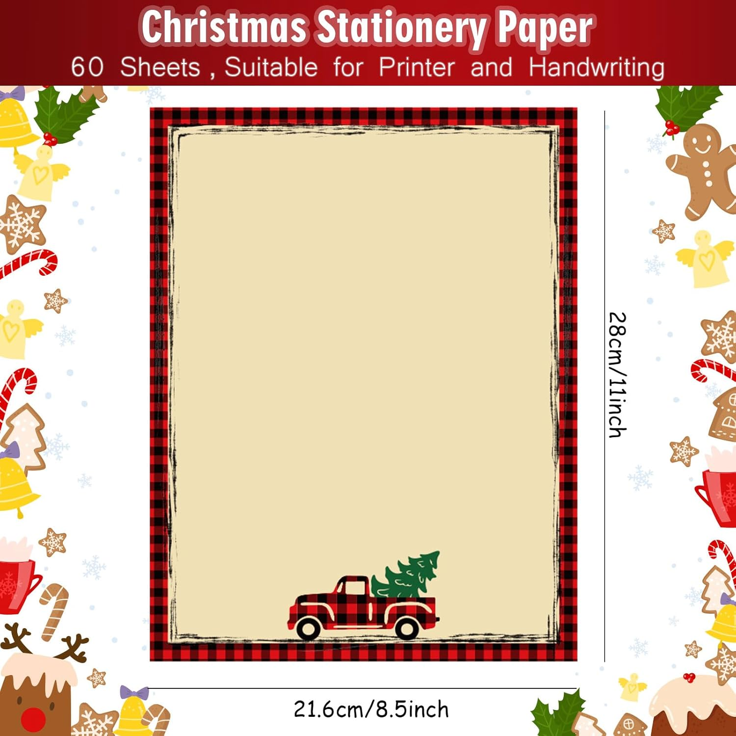 Whaline 60Pcs Christmas Stationery Paper Xmas 4 Designs Decorative Writing Paper Red Black Buffalo Plaid Border Letterhead for Notes Greeting Cards Invitations Office School Printing, 8.5 X 11 In image number 1