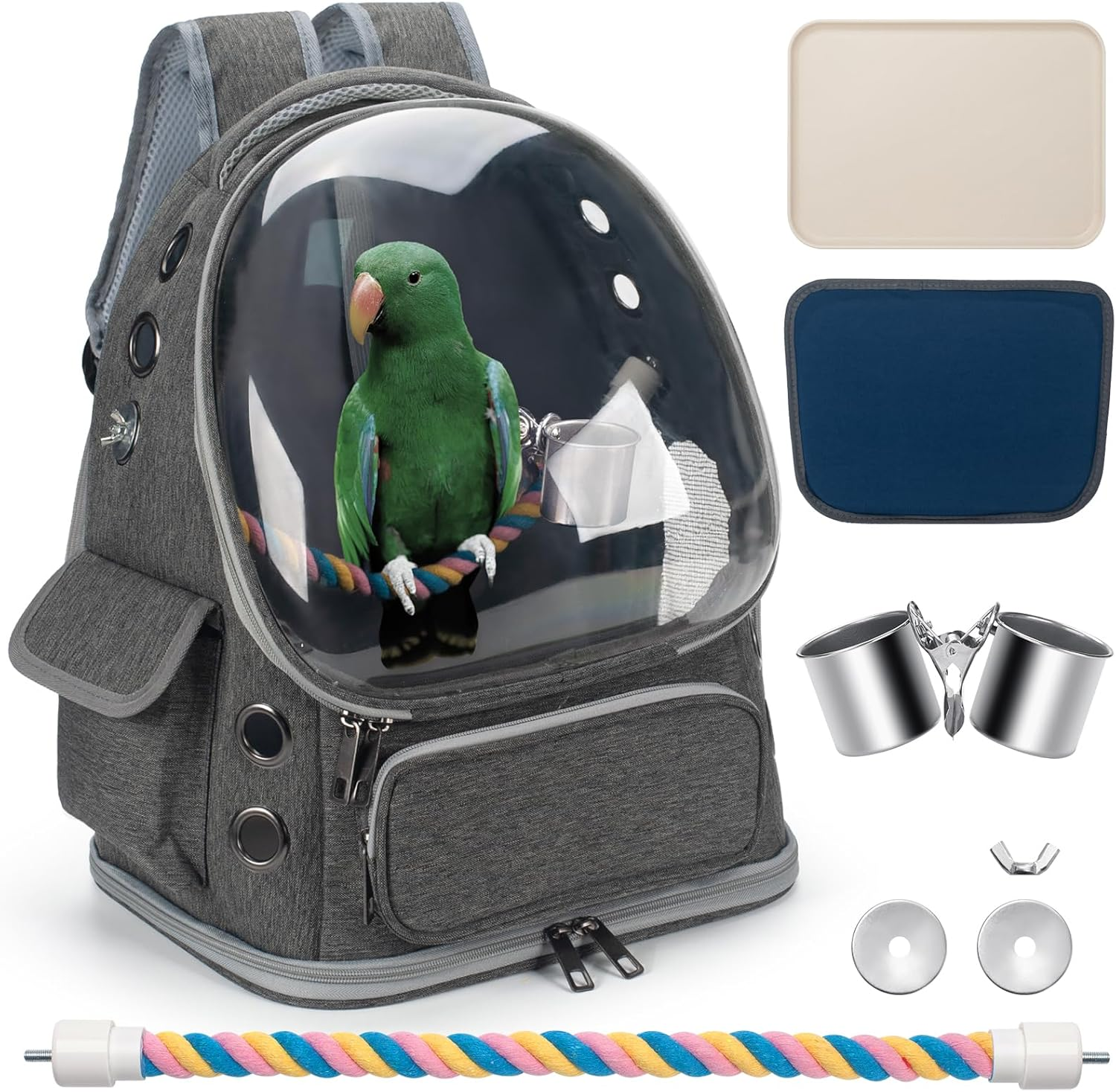 Bird Backpack Carrier Travel Cage with Perch, Tray and Breathable Clear Window, Bird Travel Cage for Cockatiel Caique Conure Quaker, for Vetting Camping Hiking (Grey) - Green image number 5