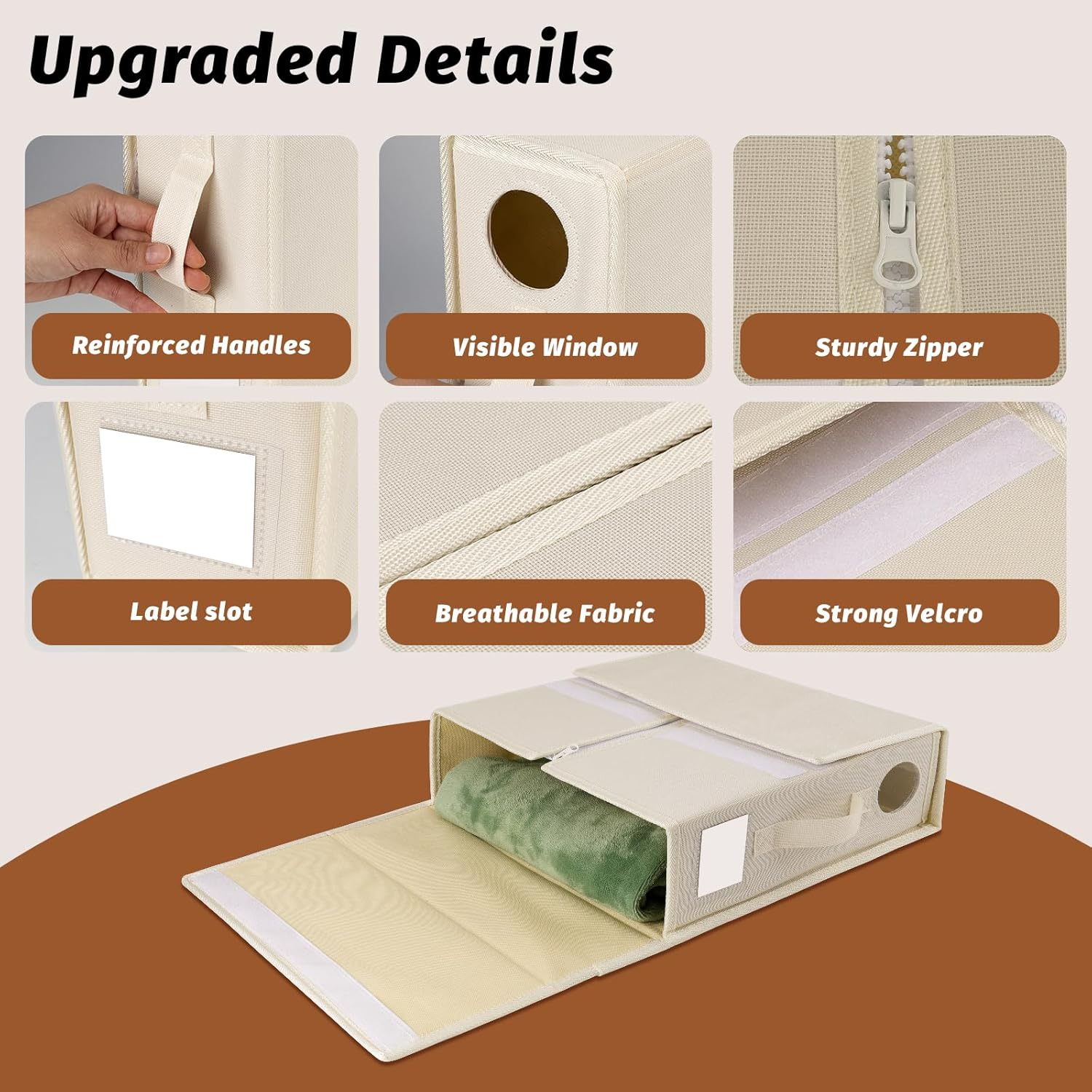 Bed Sheet Organizers and Storage 4 Pack, Foldable Linen Closet Organizer Oxford Cloth with Window and Label (King & Queen Size), Bedding Storage Box for Bedsheets (Beige)