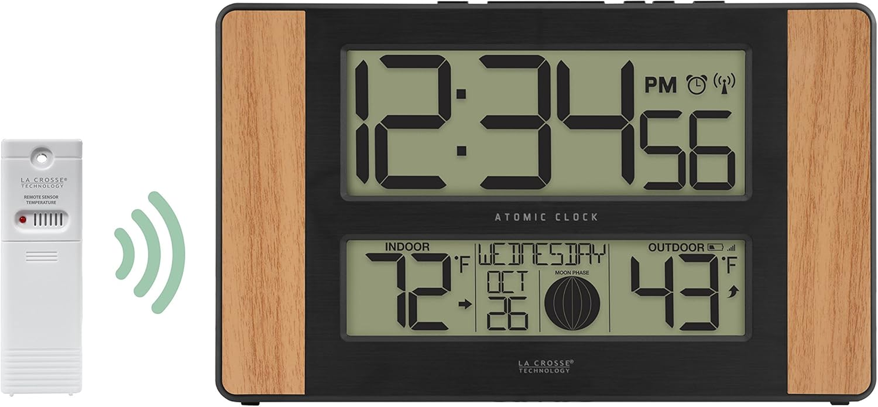 La Crosse Technology Atomic Digital Clock with Outdoor Temperature, Wood Oak, 0