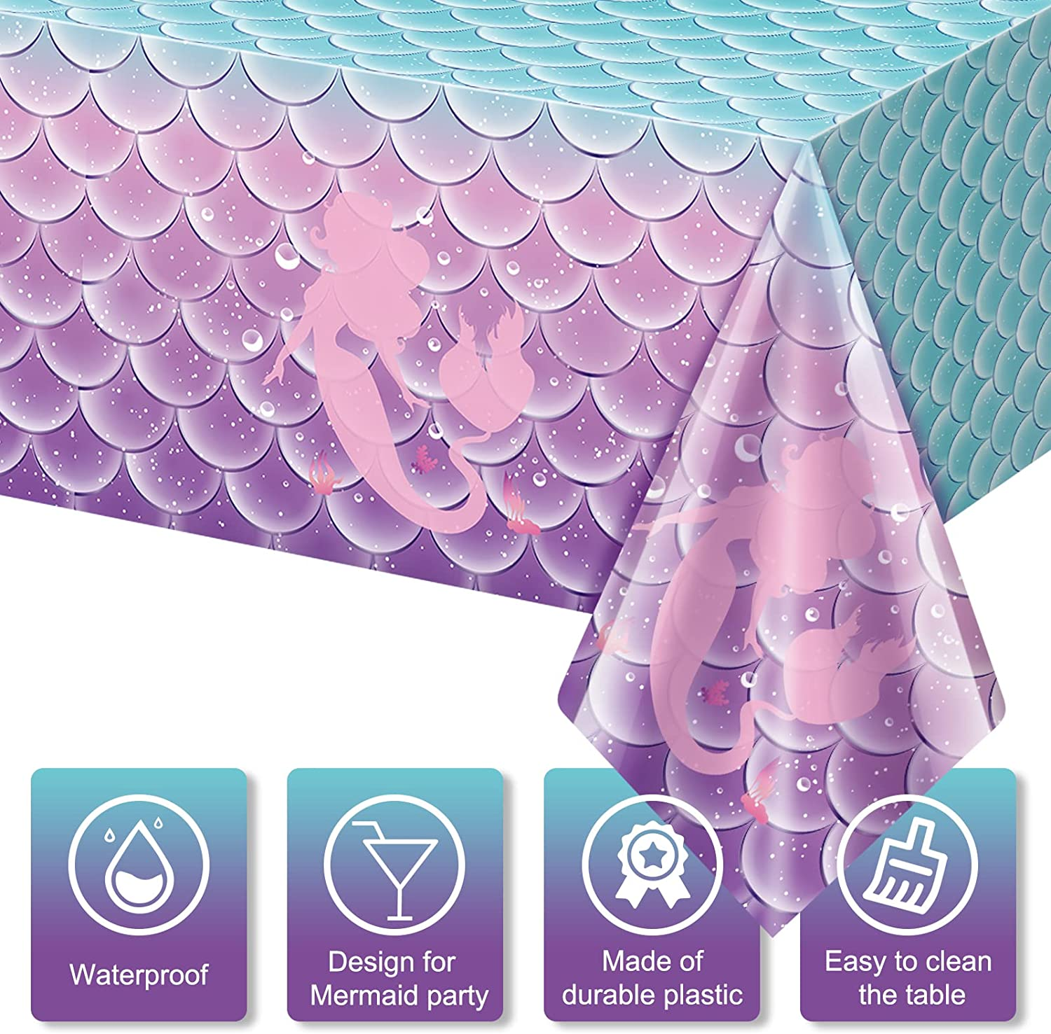 Jectivs 6Pcs Mermaid Birthday Party Tablecloth Decorations,Disposable Plastic Table Cover for Princess under the Sea Baby Shower Themed Kids Birthday Party Supplies,108X54 Inch image number 3