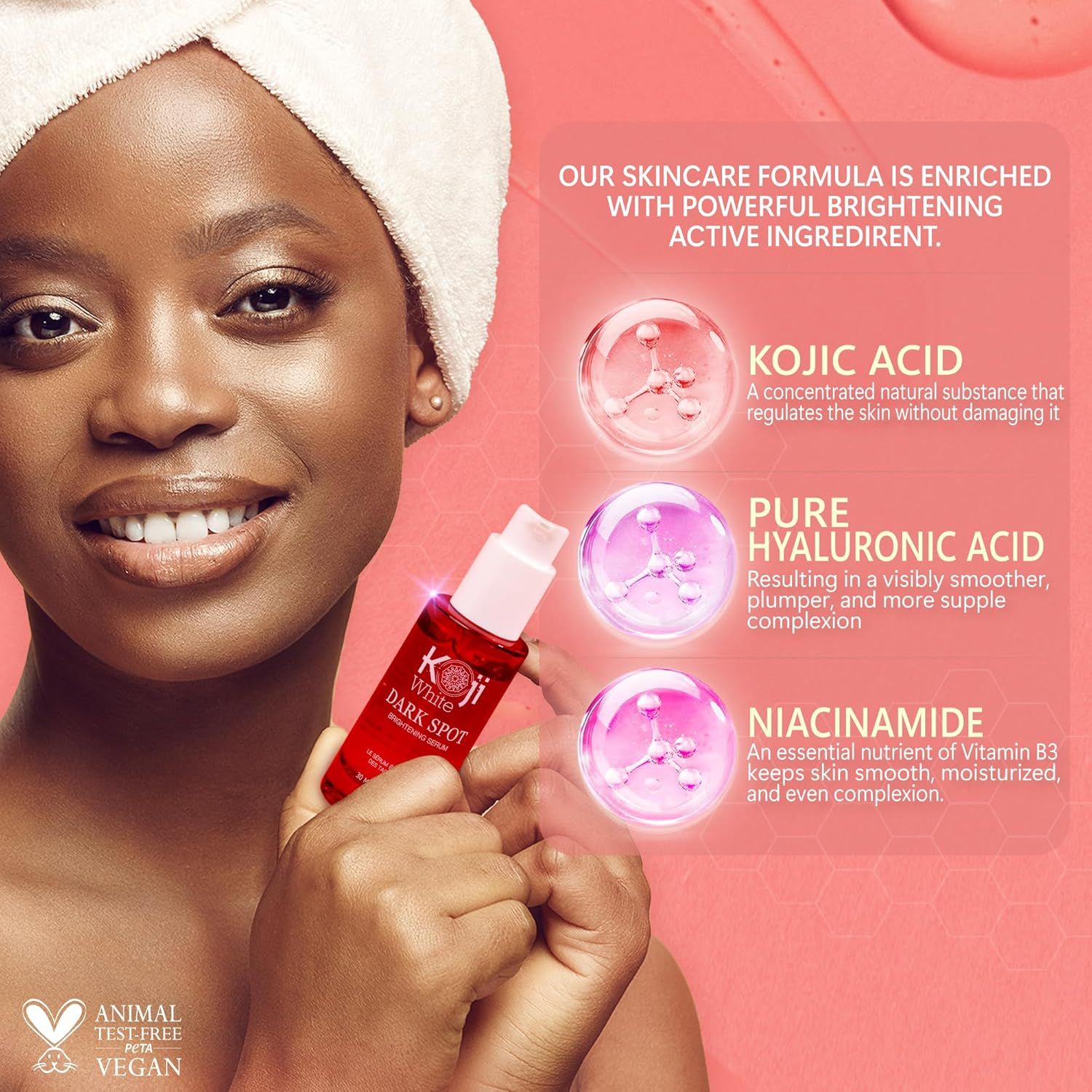 Koji White Dark Spot Brightening Serum for Face with Kojic Acid, Niacinamide, 8X Hyaluronic Acid from Korean for Face Moisturizer, Hydrating, Nourishing - Uneven Skin Tone, Vegan 1 Fl.Oz image number 5