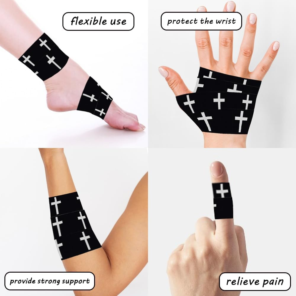 Christian Cross Athletic Sports Wrap Tape, 2 Roll Serrated Edges Cotton Soccer Baseball Wrist Wrap Ankle Tape with Black Cross,Cotton Cloth Breathable Athlete Tape Faith Religious Sports Wrap, Black image number 4