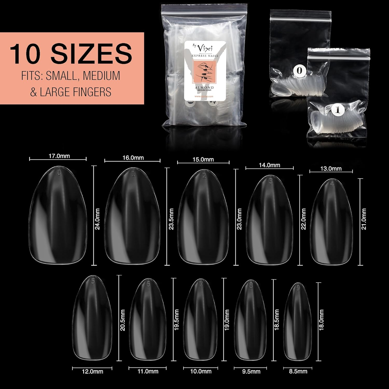 By Vixi 600 MEDIUM ALMOND NAIL SET with PREP FILE, 10 Sizes &ndash; Clear Express Full Cover False Fingernail Extensions for Salon Professionals & Home Use - Coffin Long image number 4