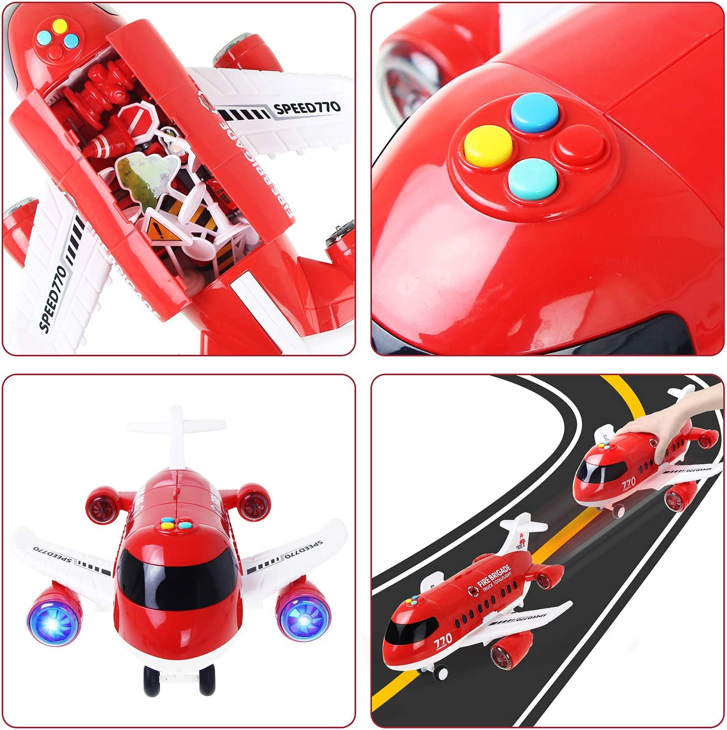 Coolplay Airplane Toy Car Set Red Airplane Light and Sound with Rescue Fire Trucks Road Signs Playmat for Kids Boy Toys image number 3