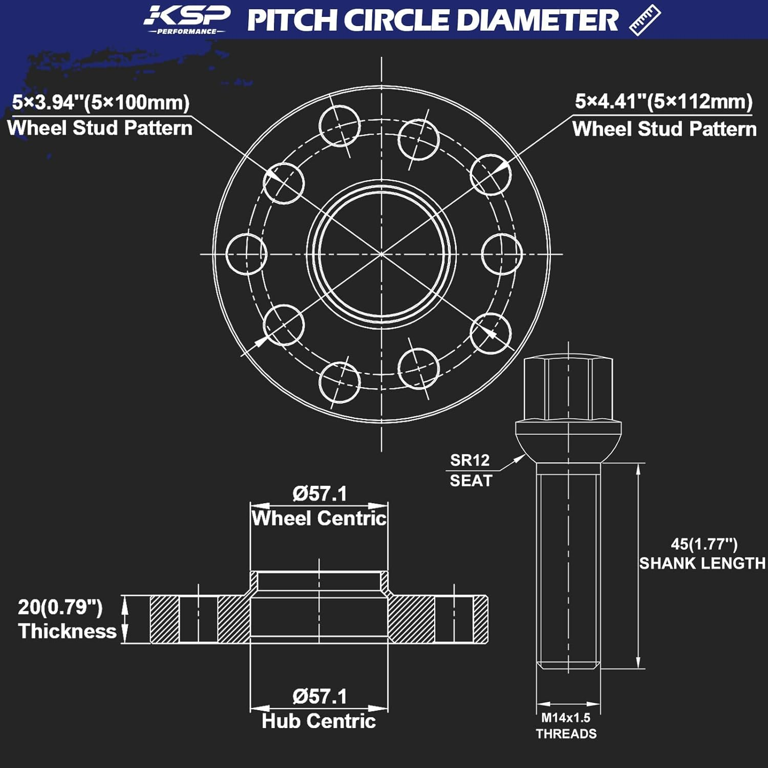 KSP 5X100 to 5X100 Wheel Spacers Compatible with Audi A3 A4 A6 A8 S4 S6 S8 Quattro TT, 20Mm Thread Pitch M14X1.5 Hub Bore 57.1Mm with Sphere Seat Lug Bolts Fit for 5X112 Golf Jetta Beetle EOS Passat image number 6