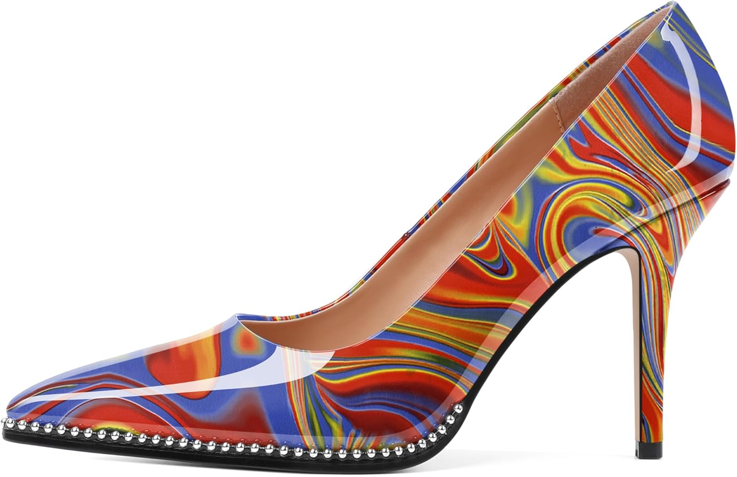 SAMMITOP Women Beaded Pumps Closed Pointed Toe High Heel Slip on Stilettos 3.5 Inch Sexy Heeled Dress Shoes Patent Leather image number 3