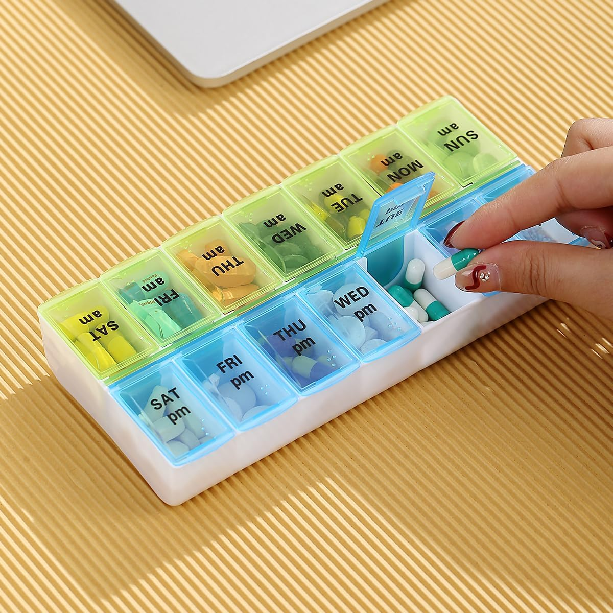 Berglander Pill Organizer 7 Day 2 Times a Day, Large Weekly AM PM Pill Box, Day Night Medicine Organizer, Pill Case 2 per Day, Pill Container Twice a Day Blue and Green Lid
