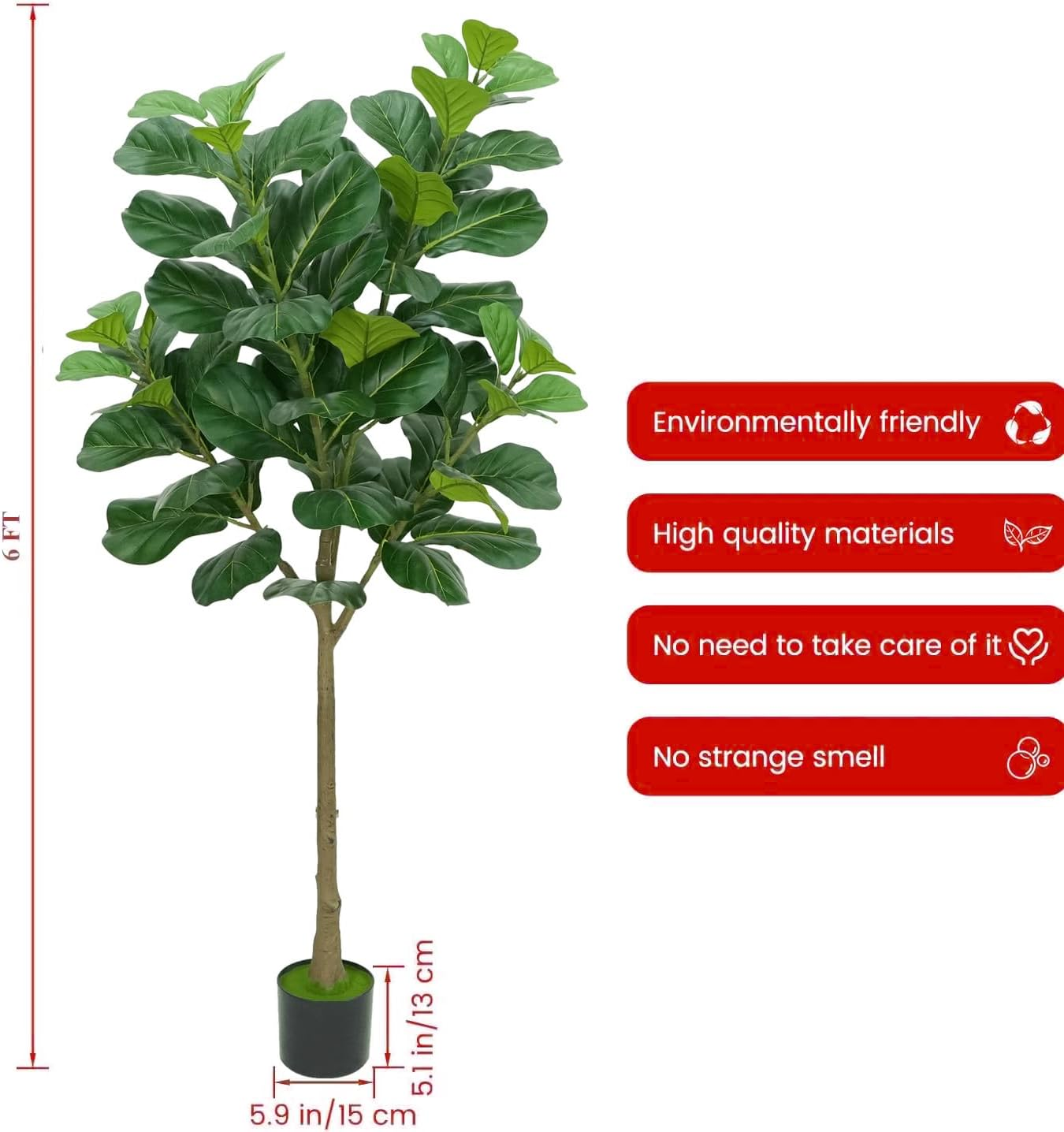 6Ft/180Cm Artificial Fiddle Leaf Fig Tree, Tall Fake Plants for Indoor Outdoor Decor, Fake Fig Leaf Tree with Pot for Home Office Living Room Decor image number 5