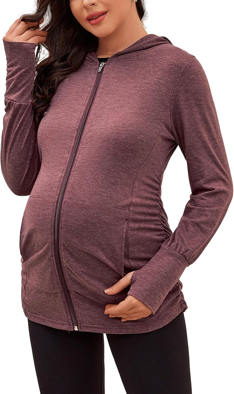 DEBELLY Maternity Sweatshirts Long Sleeve Full Zip Hoodie Casual Pregnancy Women Jacket Top with Pockets,Thumb Hole,Side Ruch