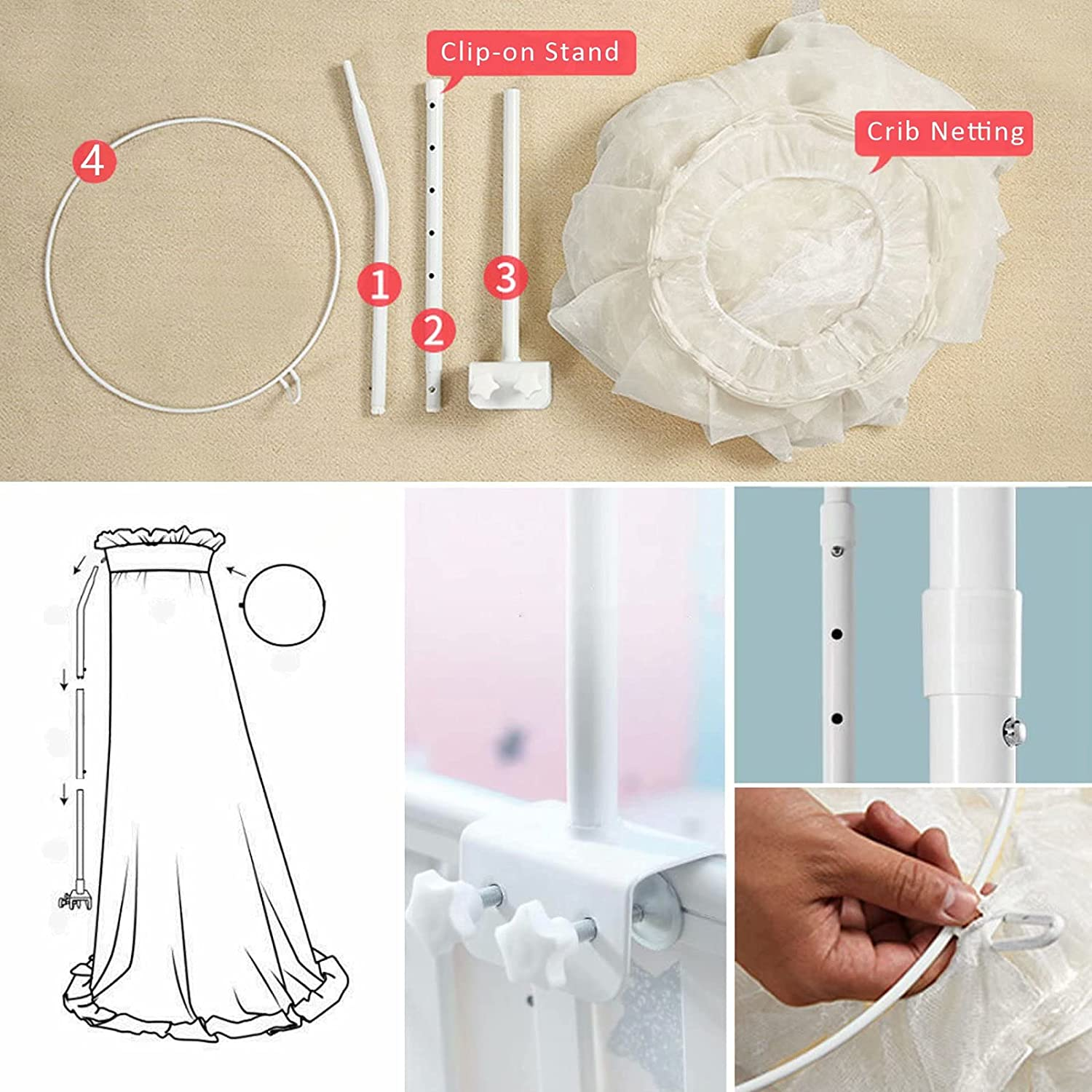 Baby Bed Canopy with Adjustable Clip-On Stand Baby Crib Cot Net Tent Hanging Dome Curtain Netting See through Mesh Bed Cover Net Stand Rod image number 1