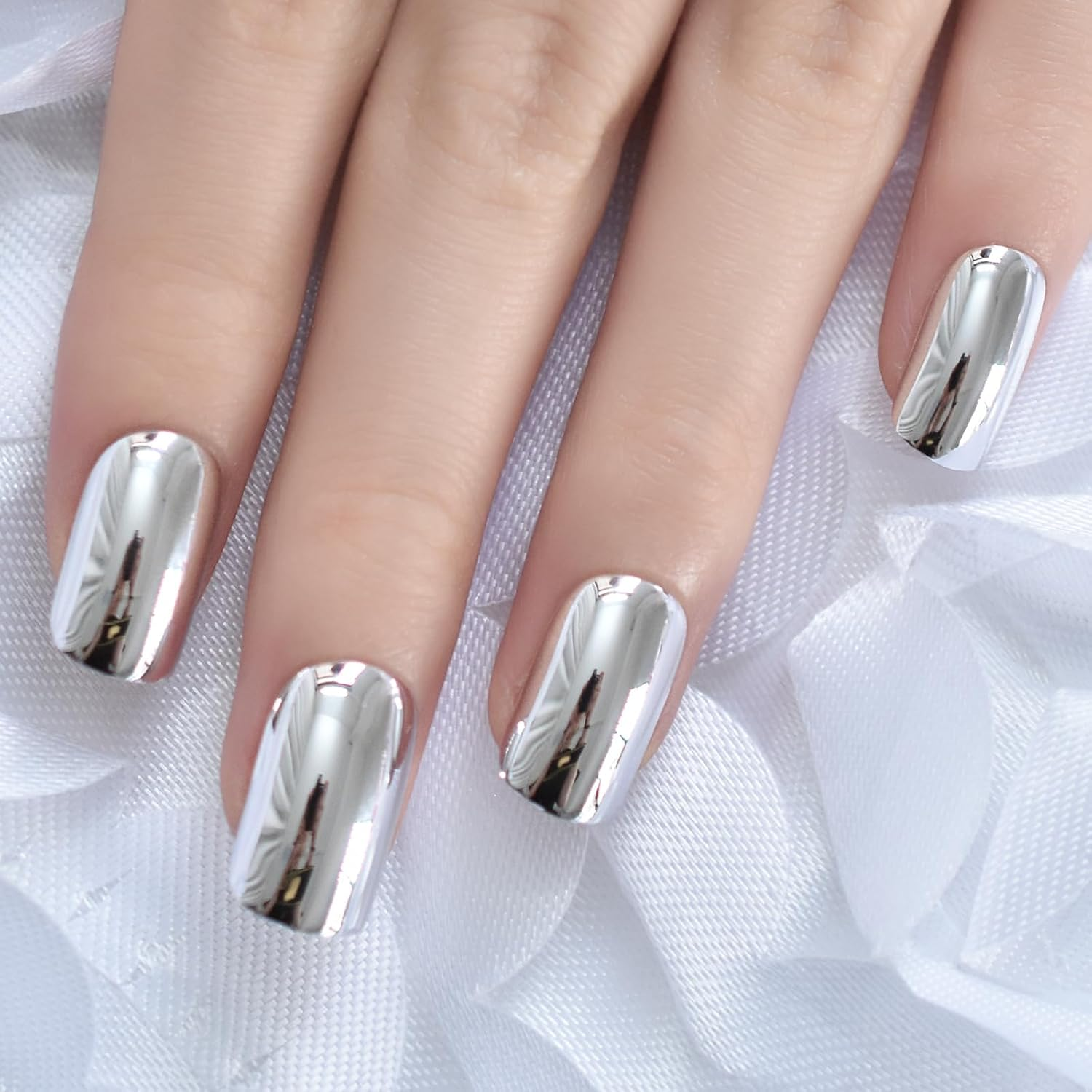 Imabc Press on Nails Metallic Mirror Sliver Fake Nail |UV Medium-Short Square False Nails | Glue Acrylic Decoration Manicure Gift for Girls Women Wear 24Pcs - Blue image number 3