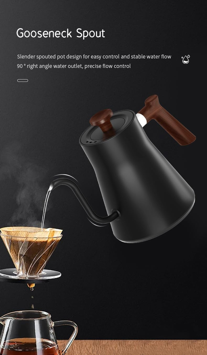 Electric Gooseneck Kettle with Temperature Control, 0.9L Stainless Steel Electric Kettle for Coffee and Tea, Pour over Rapid Heating Quick Boiling