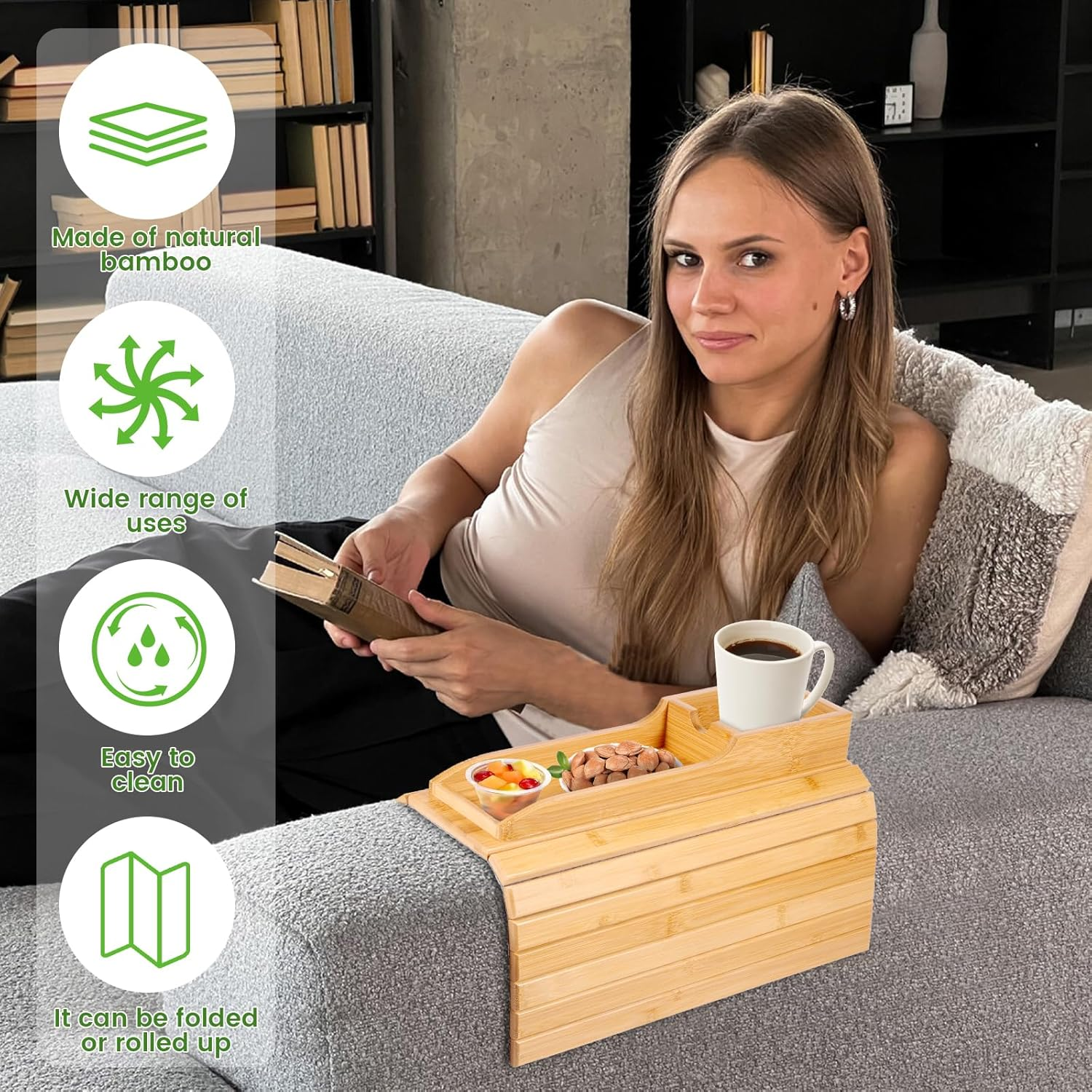 Bamboo Couch Cup Holder, Couch Tray & Cup Holder for Drink & Snack, Versatile Couch Drink Holder & Sofa Armrest Tray with Cup Holder, Protection Armrest Tray for Cups Snacks Remote Control image number 1