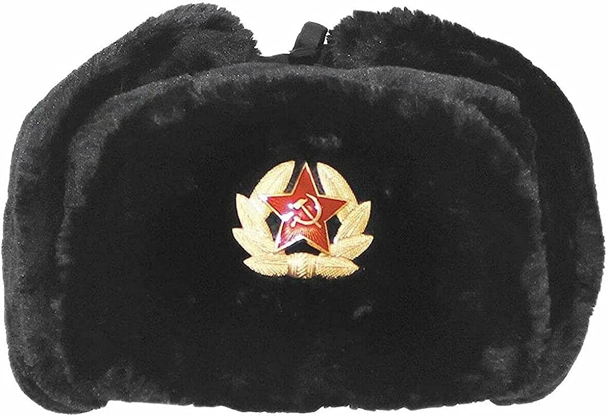 Soviet Style Winter Hat | Faux Fur Ushanka Cossack Hat with Ear Flaps & Decorative Military Pin | Mens Russian Trapper Ski Hat Perfect for Long, Cold Winter Nights One Size-58/60Cm image number 3