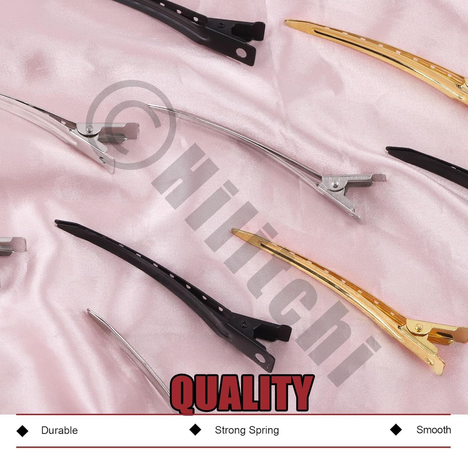 Hilitchi 45Pcs 3.5" Duck Billed Clips with Holes Metal Duck Billed Hair Clips Alligator Curl Clips Duck Bill Hair Clips Non-Slip Alligator Metal Clips for Hair Styling Sectioning(Silver, Gold, Black) image number 3