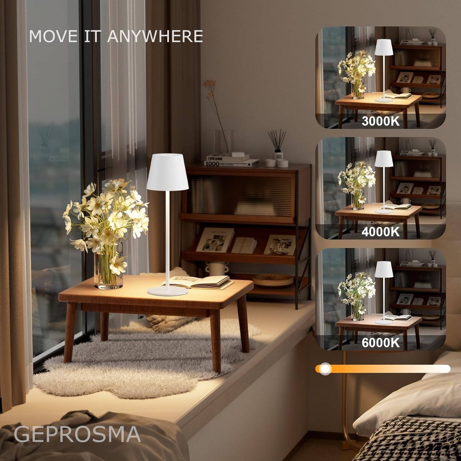 GEPROSMA Cordless Touchtable Lamp Bedside Lamp Rechargeable Battery Operated 4400MAH, Metal Modern Wireless Desk Lamp 38CM,3 LED Modes Dimming,Portable Light for Bedroom Living Room Outdoor,White image number 3