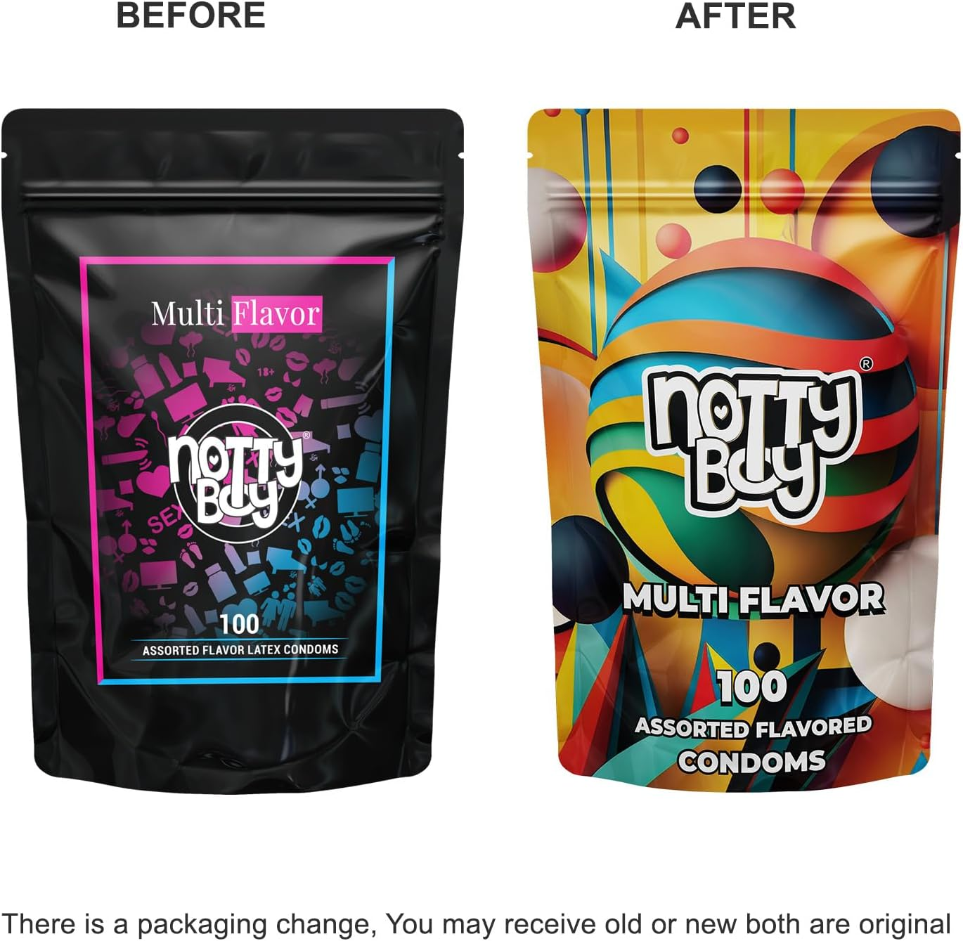 Nottyboy Wholesale Pack of 100 Condom - Assortment of Mixed Delicious Fruit Flavored Condoms for Men | (Bubblegum | Green Apple | Chocolate | Tempting Strawberry and Banana) Safe for Oral Use image number 4