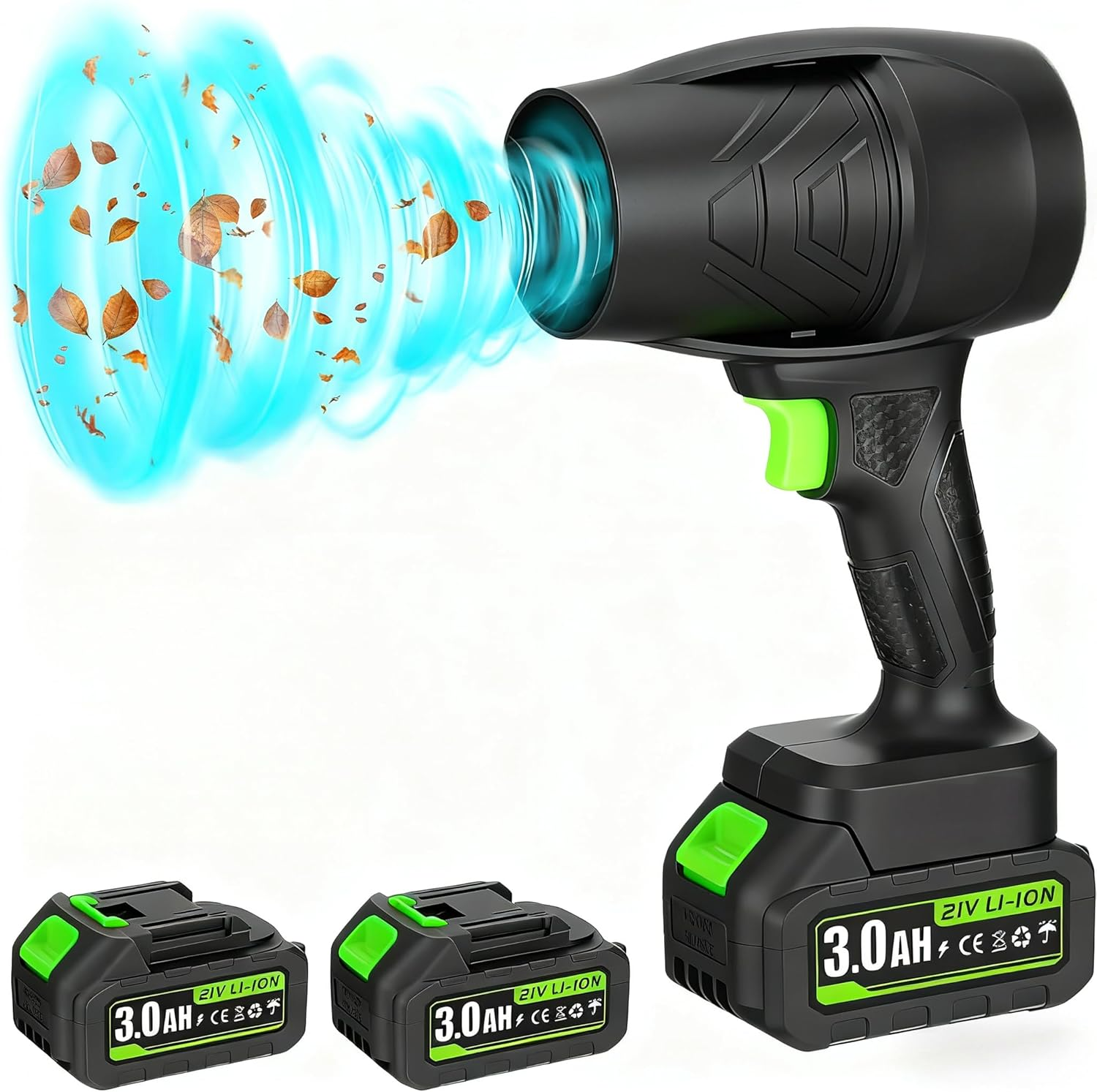 Electric Cordless Leaf Blower, 300000RPM Handheld Leaf Blower 2 X 1.5Ah Batteries and Charger Included, Lightweight Leaf Blowers for Patio Cleaning, Lawn Care, Blowing Leaves and Dust, Black image number 2