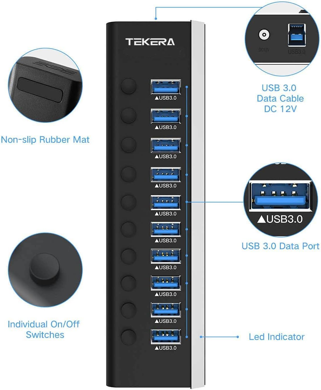 Powered USB Hub, TEKERA 10 Port USB 3.0/USB C Hub Aluminum USB Port Expander with 2-In-1 USB Cable, 5V Power Adapter and Individual Switches, USB Hub 3.0 Splitter for Laptop and PC image number 4