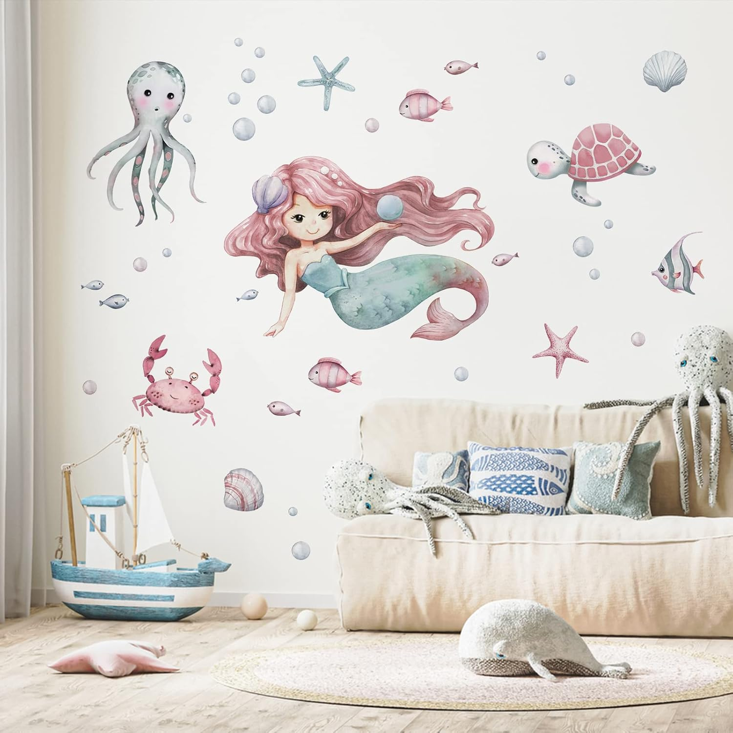 Mfault Mermaid under the Sea Wall Decals Stickers, Baby Girls Ocean Creatures Nursery Decoration Bedroom Playroom Art, Coastal Beach Octopus Turtles Shell Bubble Fish Kids Room Bathroom Home Decor image number 5
