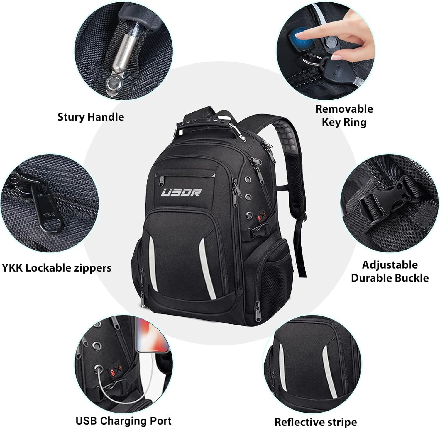 USOR Travel Backpack, Fit 17" Laptop Backpacks with USB and Headphone Port for Men Women, Water Resistant College School Bookbag, TSA Friendly RFID anti Theft Pocket Durable Backpack