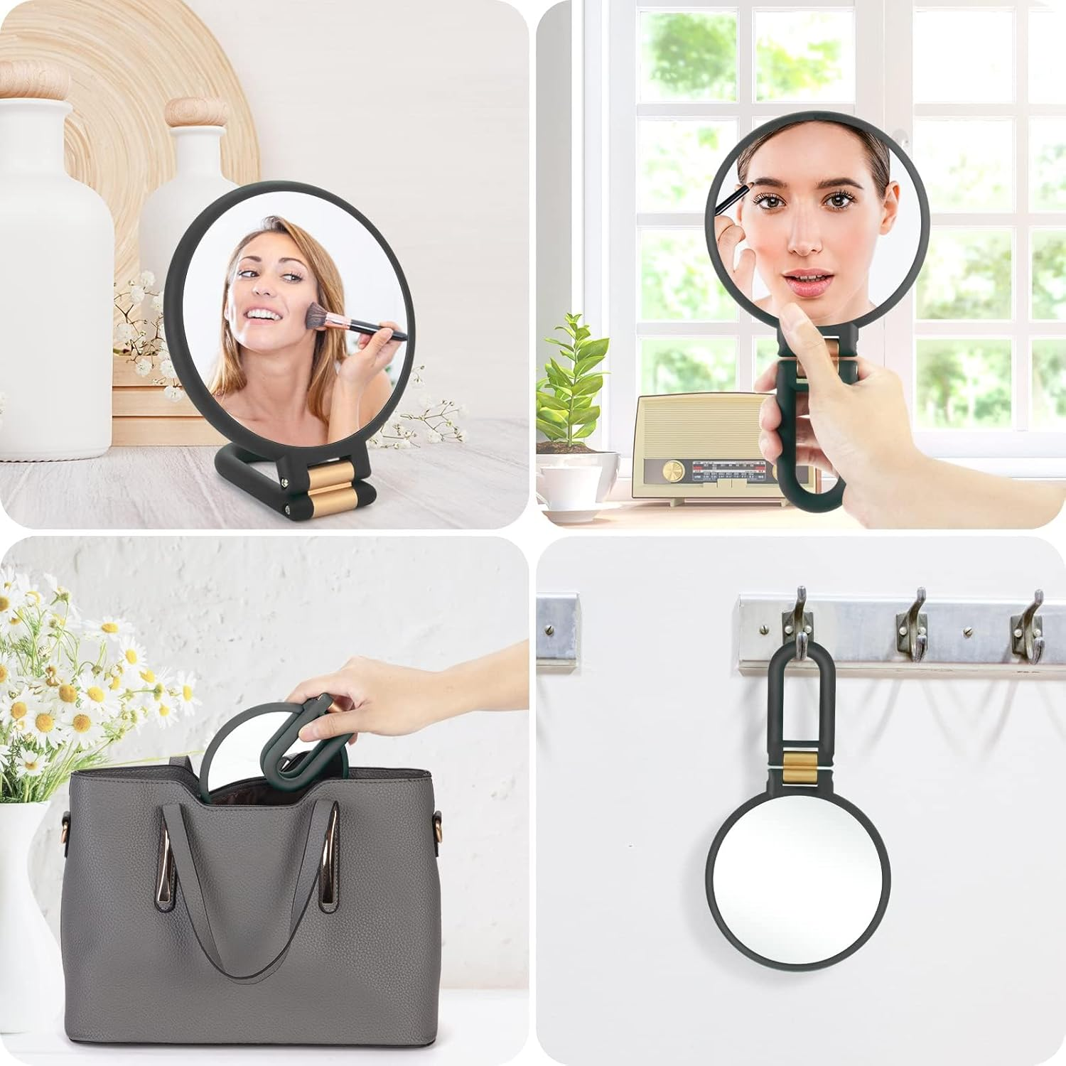 Magnifying Travel Mirror, Hand Mirror with Handle - Double Side Hand Held Mirror with 1X 30X Magnification & Foldable Handle, XICEN Portable Travel Makeup Hand Mirror for Women (Black) - Black image number 5
