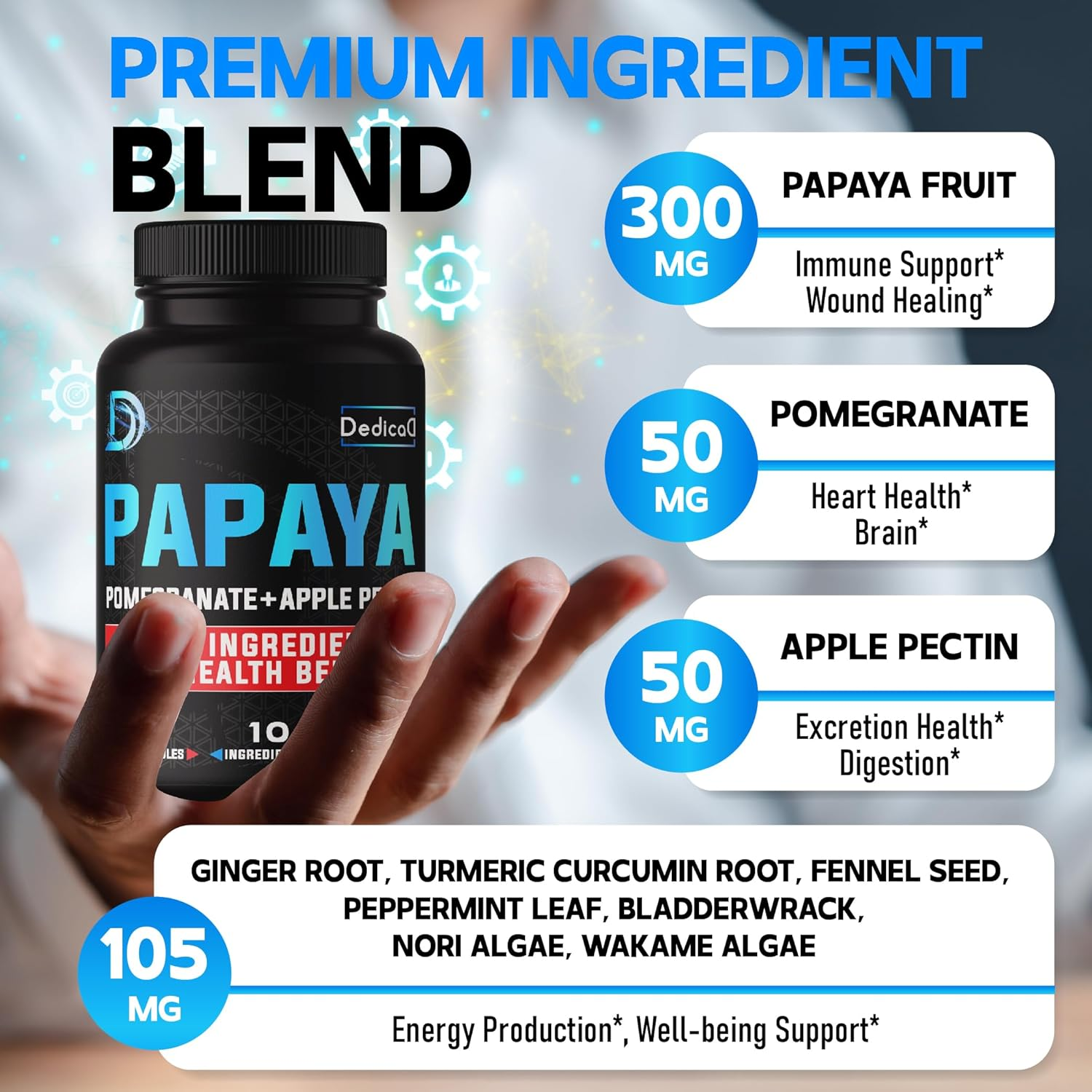 DEDICAD Papaya Enzymes - 4 Month Supply - 10 Herbs Blended Pomegranate, Apple Pectin, Turmeric, Ginger & More - 120 Vegan Capsules image number 2