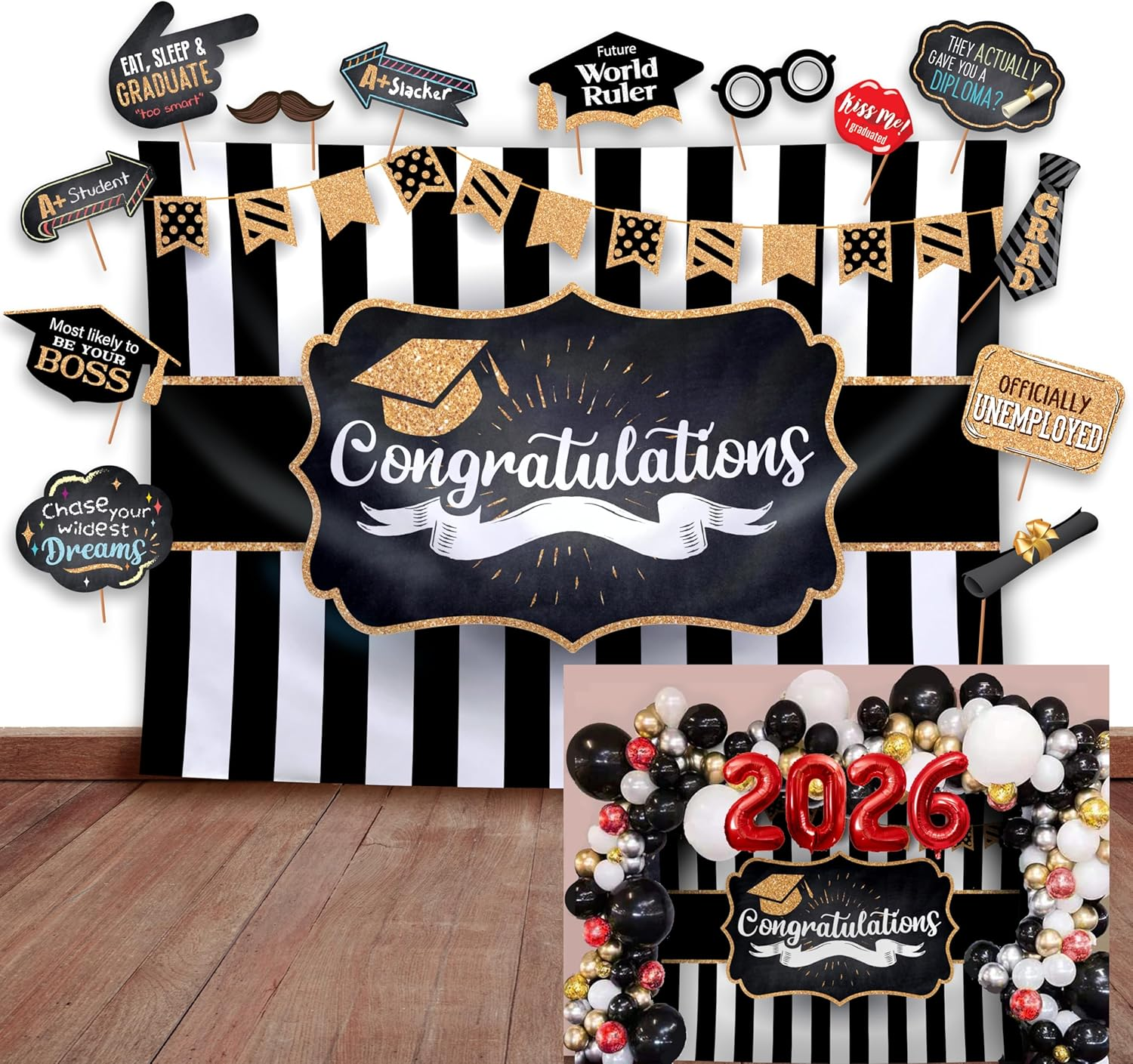 2026 Graduation Party Backdrop - Classy Black, White and Gold Theme Photography Fabric Backdrop and Studio Props DIY Kit. Great as Photo Booth Background Party Supplies and Prom Banner Decorations image number 1