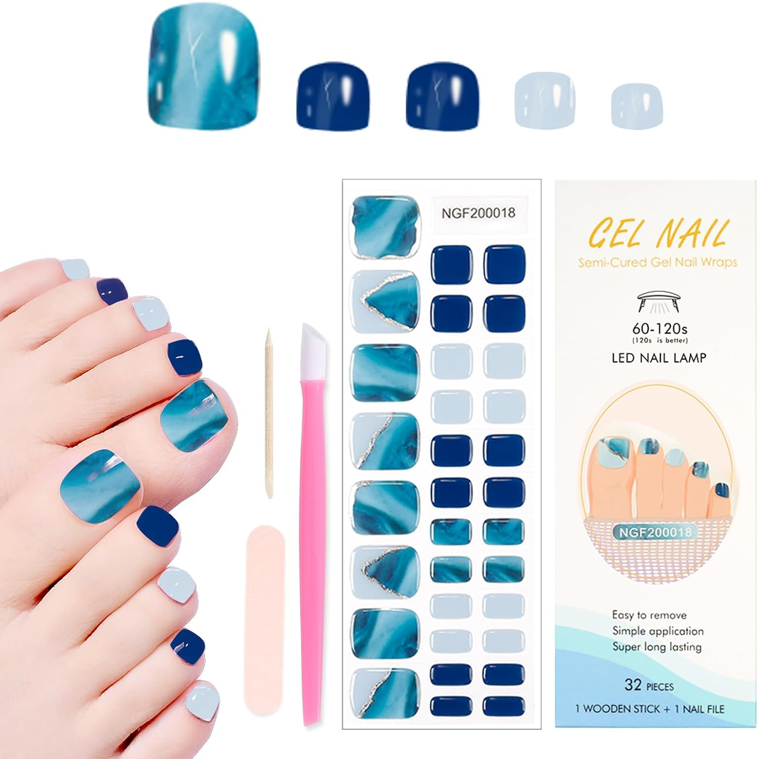 JERCLITY 1 Sheet 32Pcs Sea Wave Semi Cured Gel Toenail Strips, Toenail Wraps, Gel Pedicure Strips, Needed LED Lamp to Cured,1 Nail File,1 Wooden Cuticle Stick, 1 Plastic Press Stick