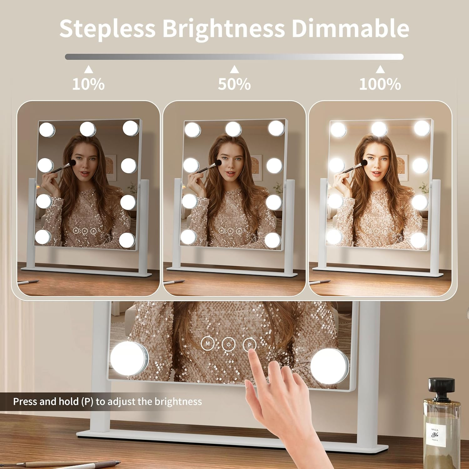 NUSVAN Vanity Mirror with Lights, Makeup Mirror with Lights,3 Color Lighting Modes Detachable 10X Magnification Mirror Touch Control,360&deg;Rotation, White. - Black-9 Bulbs image number 3