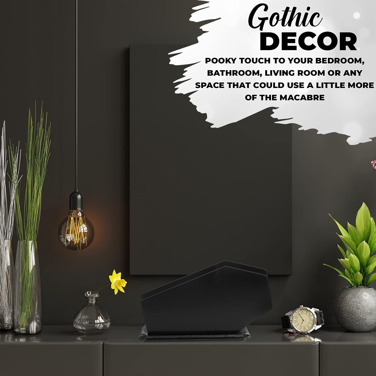 CEFRECO Coffin Brush Holder - Gothic Wooden Makeup Organizer for Vanity - Spooky Halloween Decor for Bathroom, Living Room or Bedroom - Witchy Gifts for Women -Black - 11X6X4 Inches image number 3