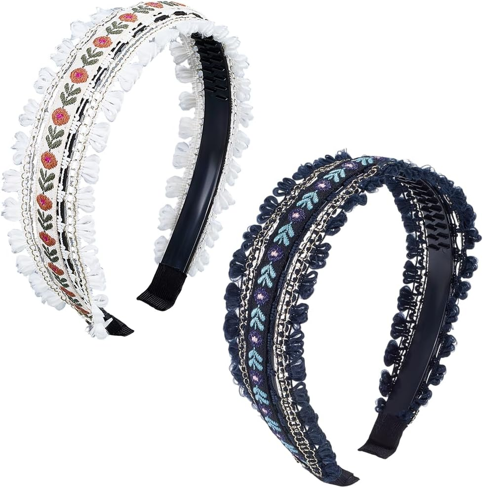 CABODYALS 2 Pieces 2 Colours Black White Trendy Ethnic Floral Embroidered Headbands Floral Boho Hair Bands Vintage Headband Set with Fringe Embroidery for Women Wedding Outfit Dress Hairstyle