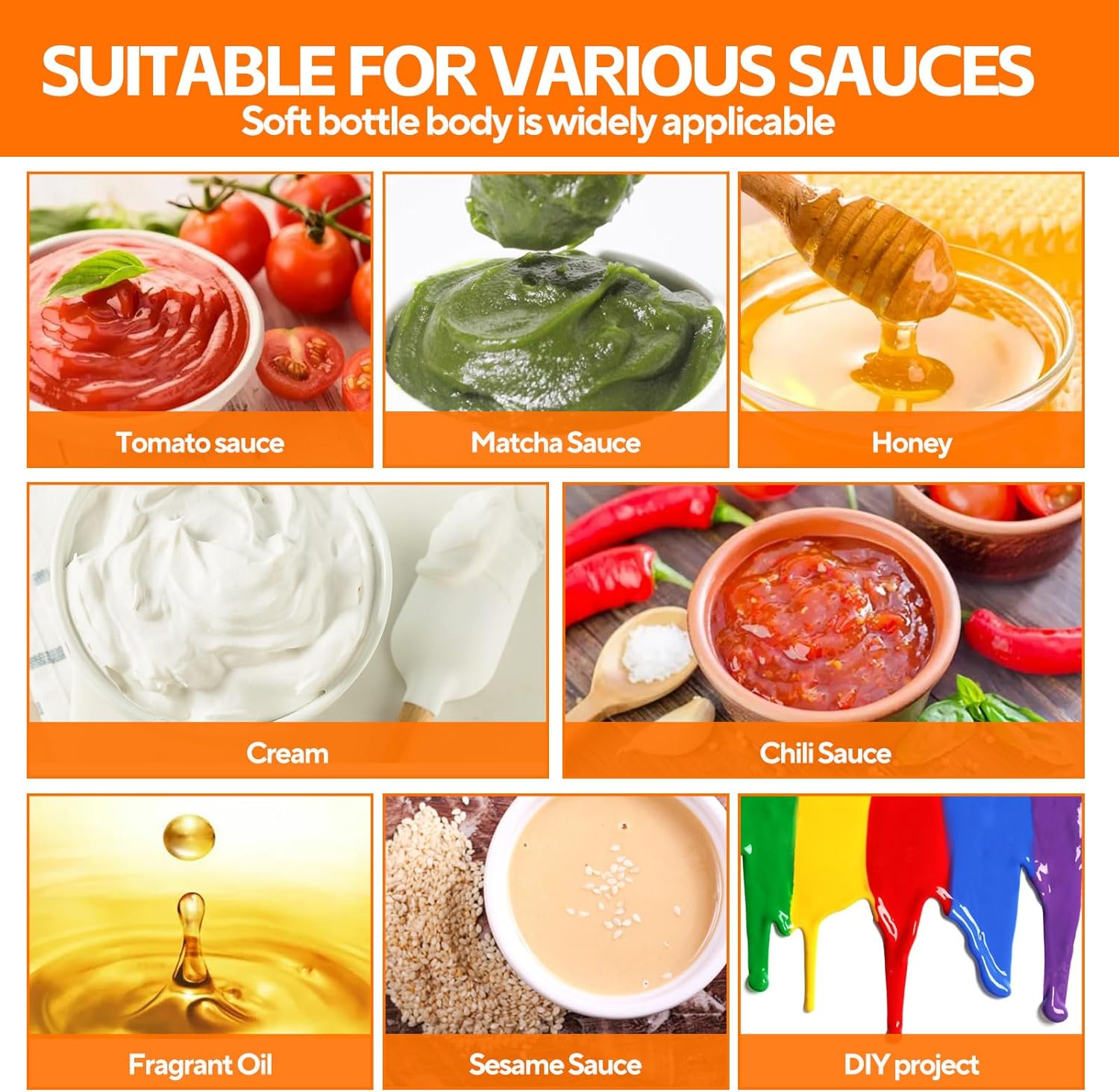 4 Pcs 8 Oz Condiment Squeeze Bottles for Sauce, Plastic Squeeze Bottles, Squirt Bottle Oil Container Dispenser for Ketchup, Sauce, BBQ, Grilling, Salad Dressing, Honey,Paint and Craft image number 2