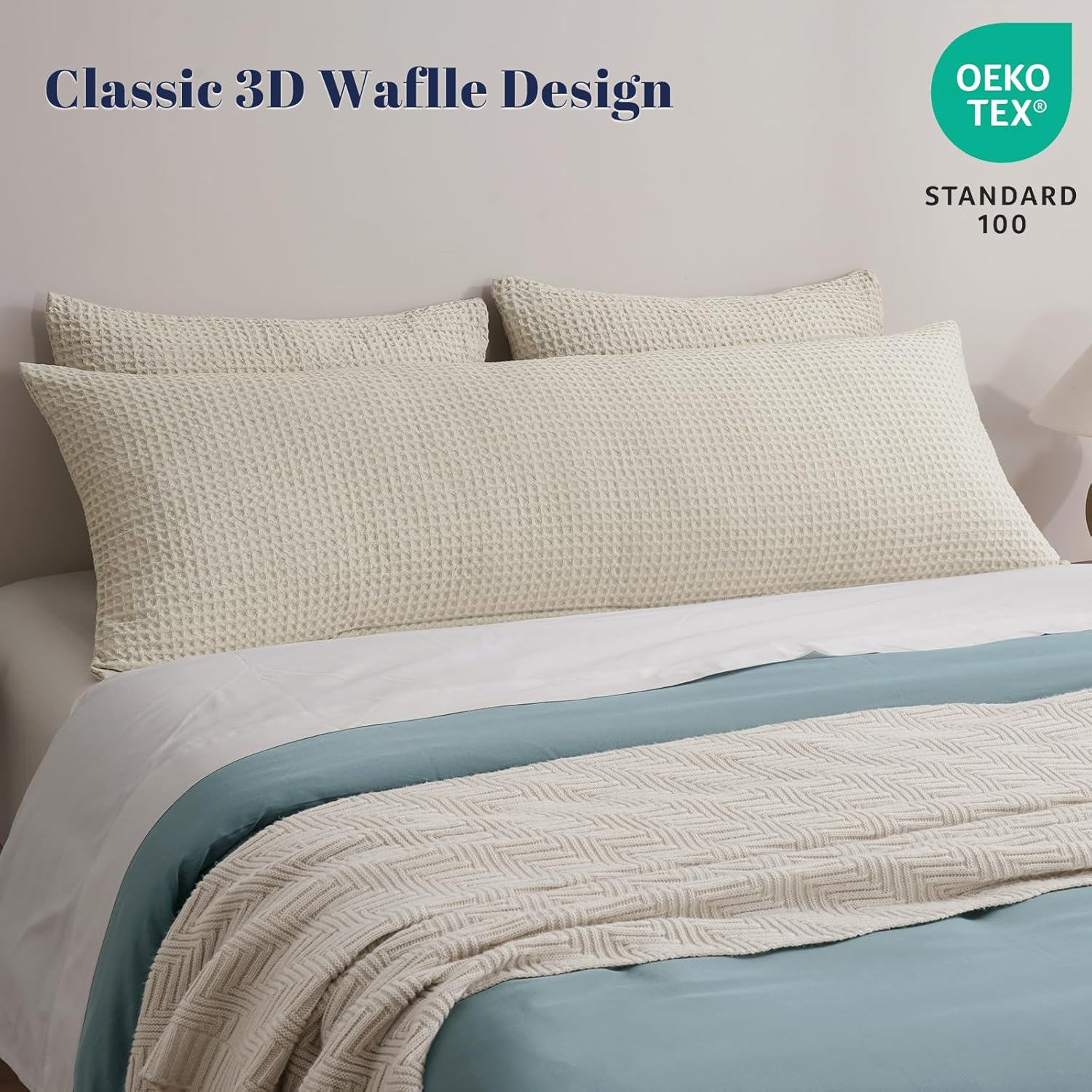 PHF Ultra Soft Waffle Weave Body Pillowcase 20" X 54", No Insert, Breathable & Skin-Friendly Body Pillow Sham with Zipper, Decorative Waffle Weave Body Pillow Cover, Linen image number 3