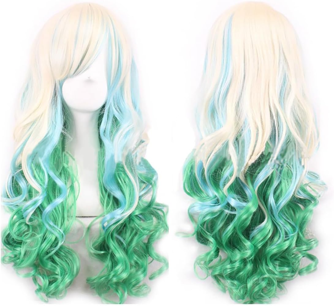 IMISSU 26'' Long Natural Hair Wigs Cosplay Wig with Bangs Colorful Halloween Costume Party Wigs for Women (Red Green Yellow) - Green image number 7