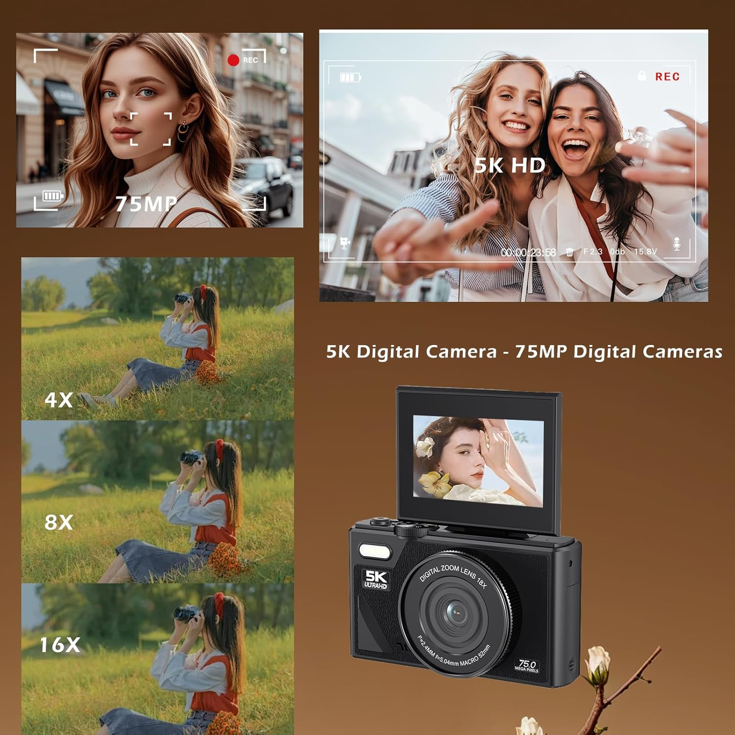 5K Vlogging Camera for Youtube, 75MP Digital Camera for Photography and Video with 3In Flip Screen, 18X Digital Zoom Compact Cameras, Portable Auto Focus 5K Cameras for Teens - 5K Camera Black image number 6