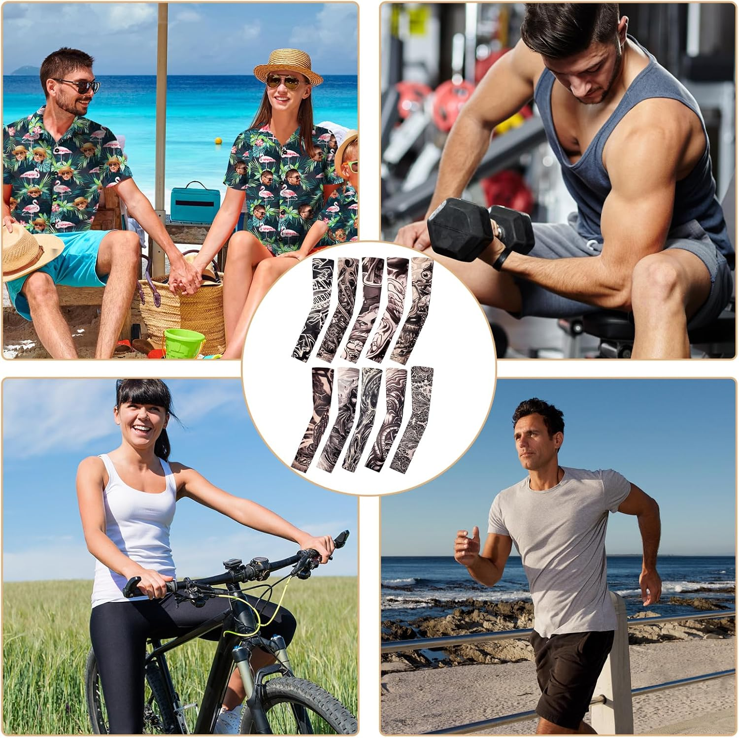 10 Pcs Fake Tattoos Sleeves for Men,Art Arm Fake Tattoo Sleeves Cover for Men/Women, Nylon Elastic Arm Temporary Tattoos Halloween Carnival Festivals Tattoo Hip Hop Accessories Sun Block Sleeves, image number 4