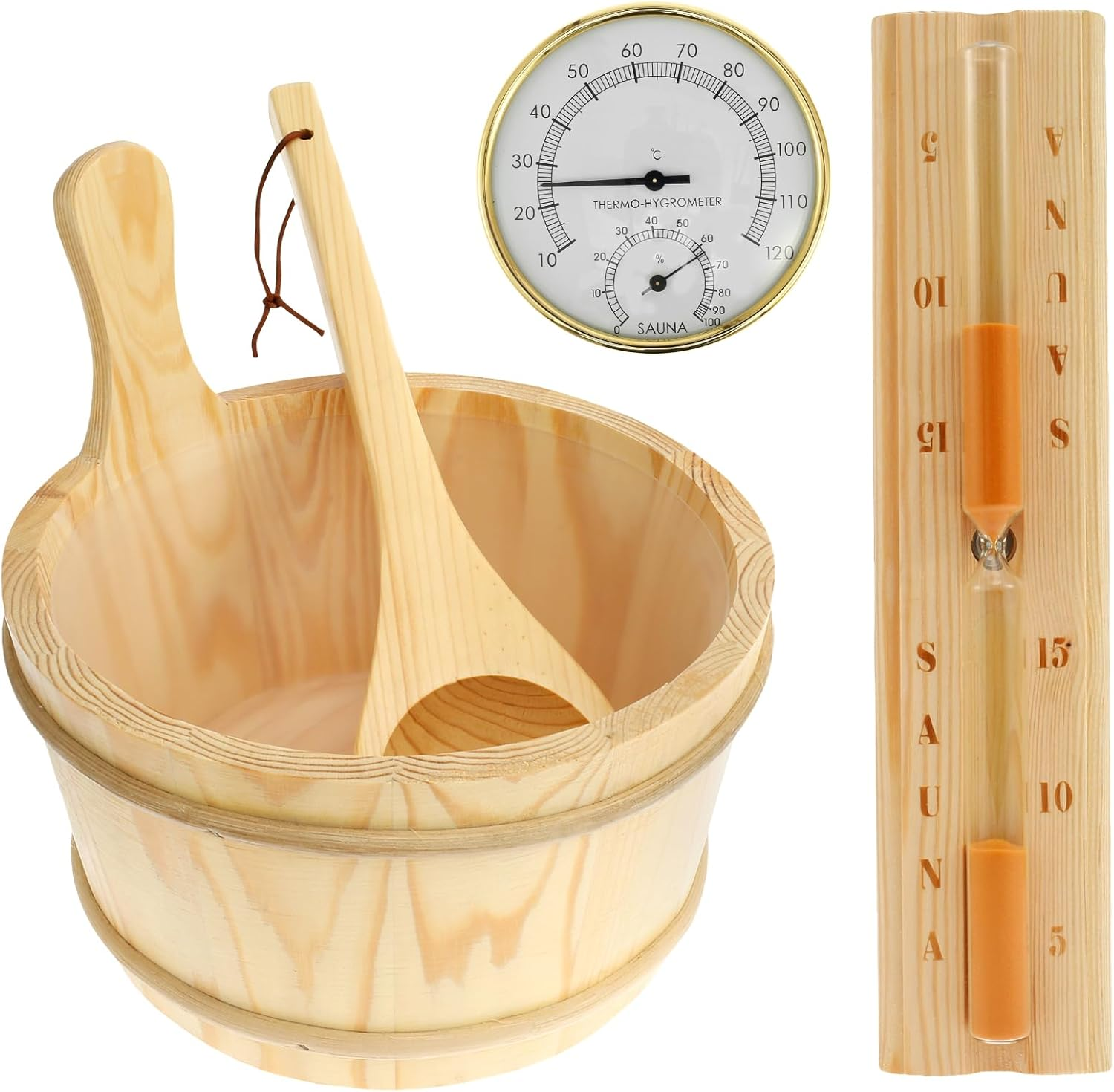 4PCS Sauna Accessories Set, Wood Sauna Bucket Sauna Spoon 2 in 1 Sauna Thermometer Hygrometer Hourglass Timer, Easy to Use Sauna Kit Suitable for Home, Steam Saunas Room image number 5